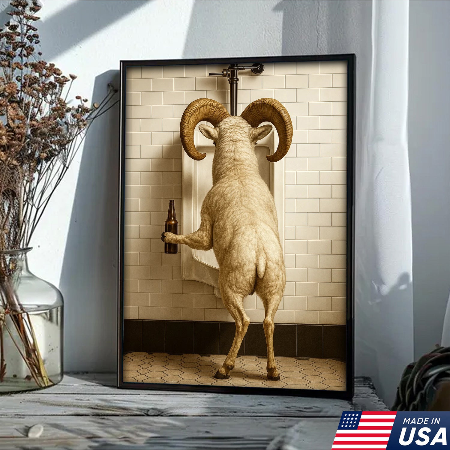 Whimsical Dall Sheep Canvas Wall Art - Funny Rustic Bathroom Decor for Cabin, Farmhouse, and Lodge - Wildlife Humor Print