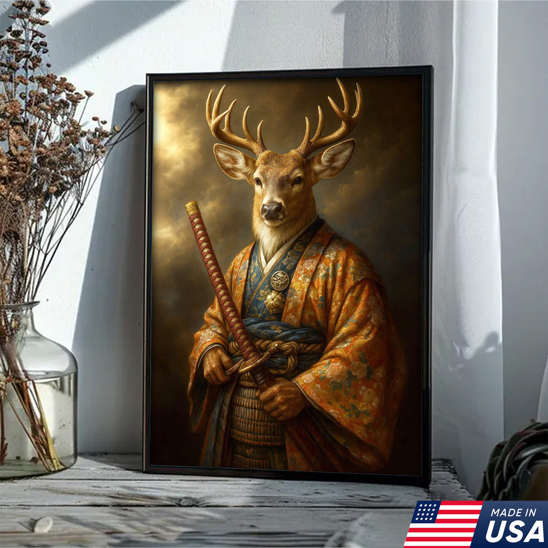 Deer Canvas Wall Art – Majestic Samurai Buck with Katana Warrior Rustic Lodge Decor
