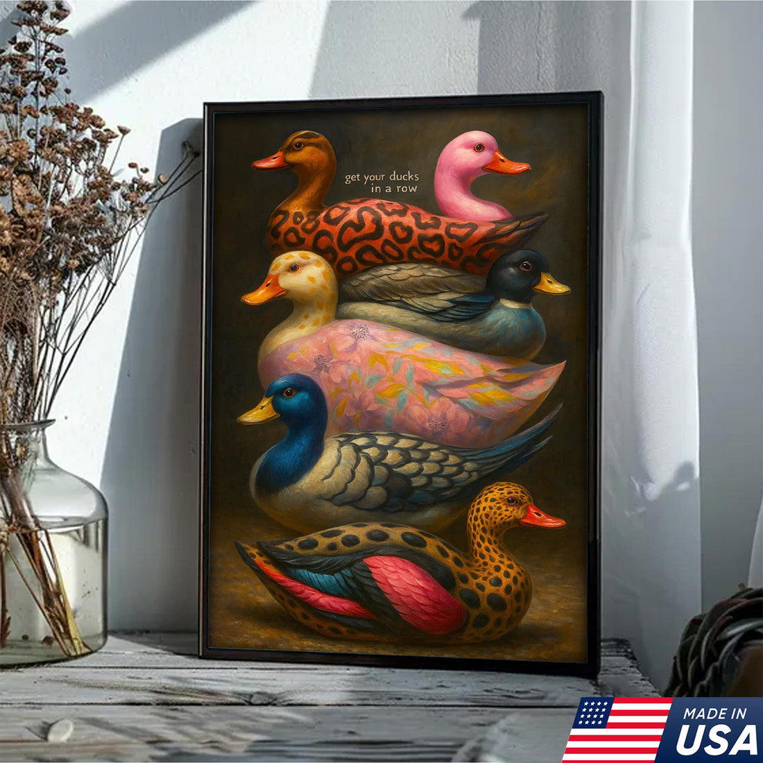Colorful Duck Wall Art Canvas β Funny Get Your Ducks in a Row Farmhouse Decor β Rustic Wildlife Home Decoration