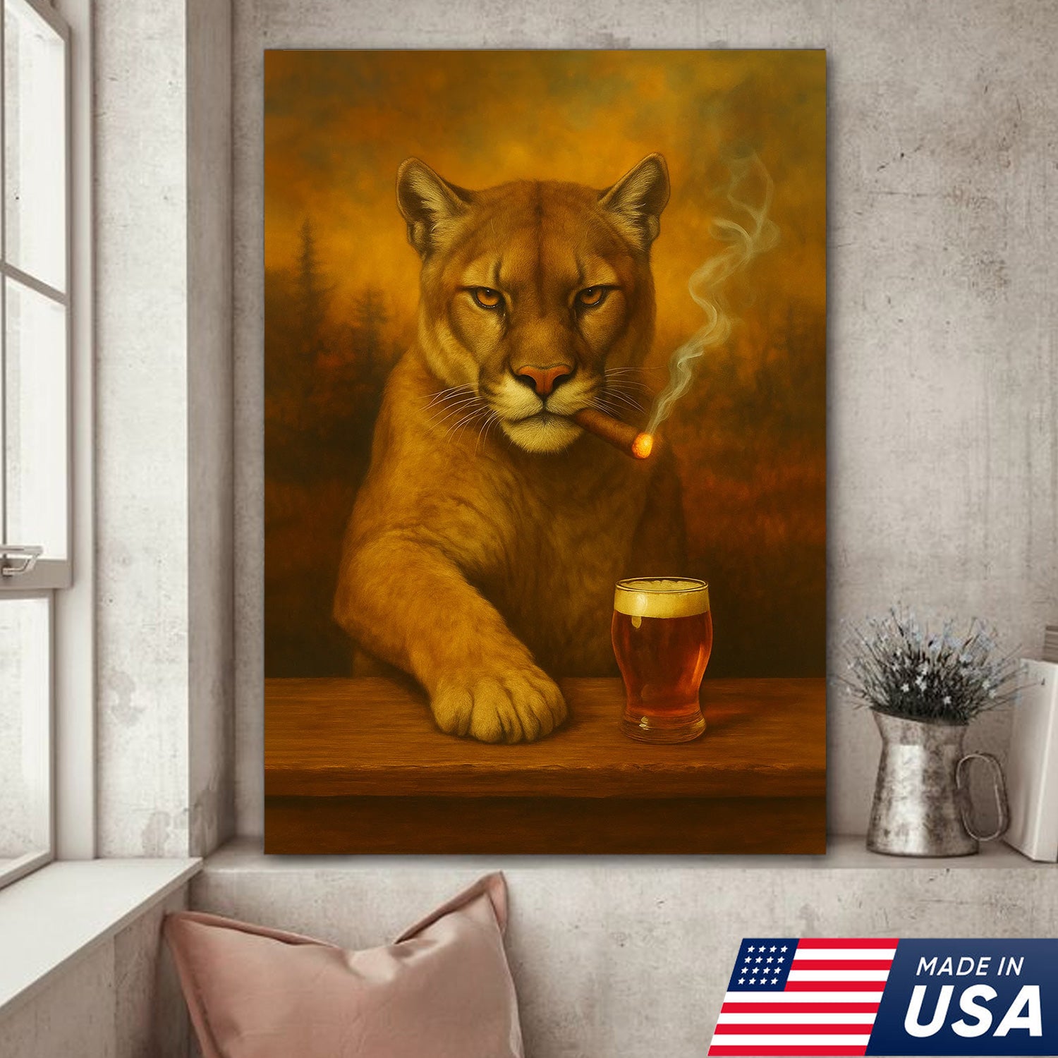 Funny Mountain Lion Smoking With Cocktail Glasses Canvas Wall Art – Rustic Bar Decor Perfect Gift for Hunters & Cocktail Glasses Lovers
