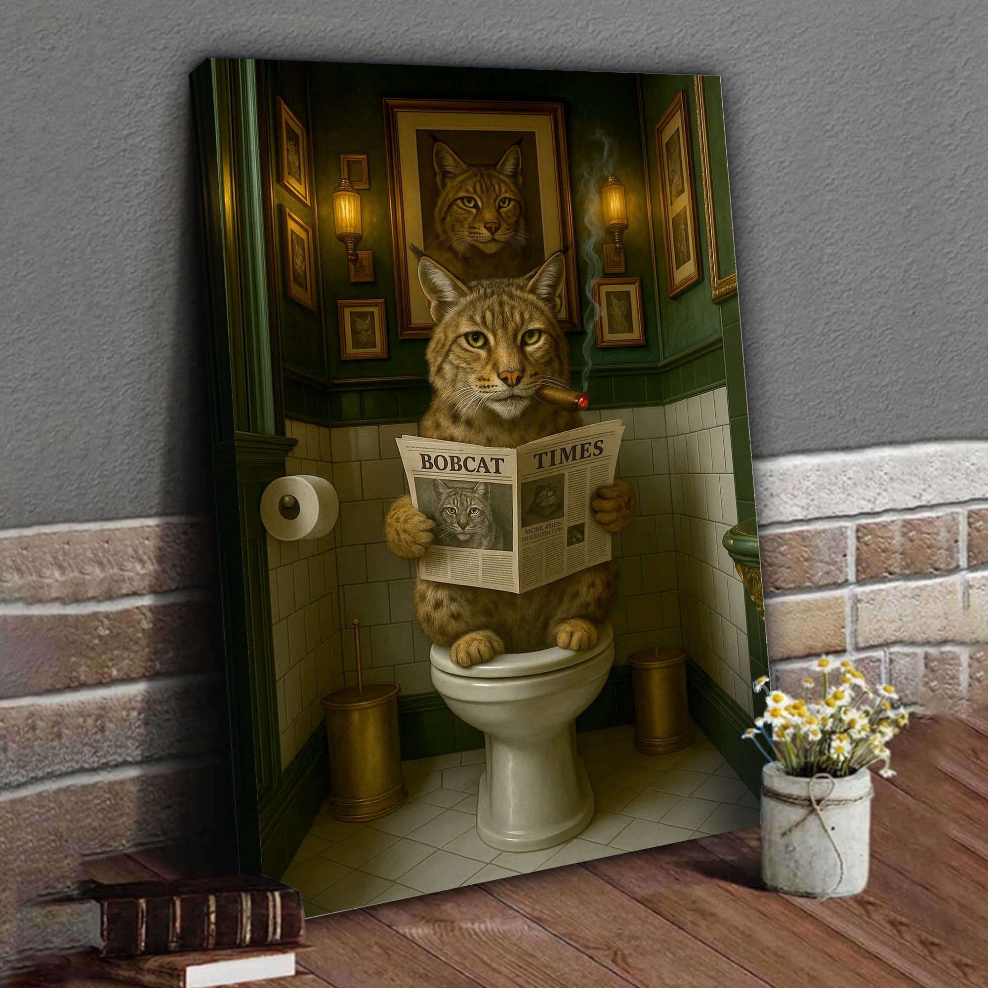 Funny Rustic Bobcat Wall Art Canvas – Smoking-Smoking Wild Cat Reading Newspaper - Rustic Lodge Wall Art, Gift for Hunters