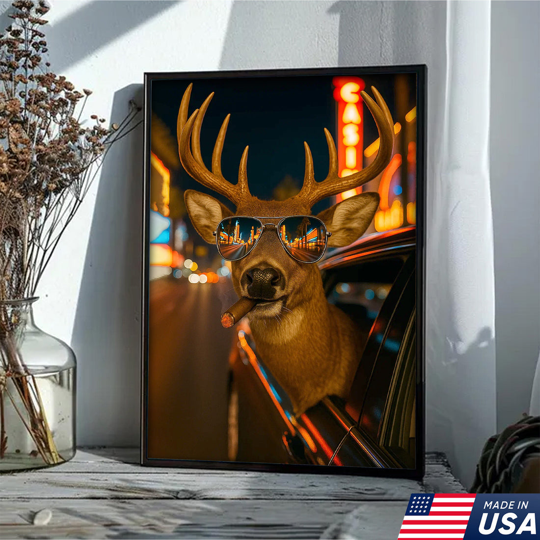 Cool Deer Canvas Wall Art - Funny Rustic Lodge Decor with Sunglasses and Night City Vibes - Unique Wildlife Cabin Print