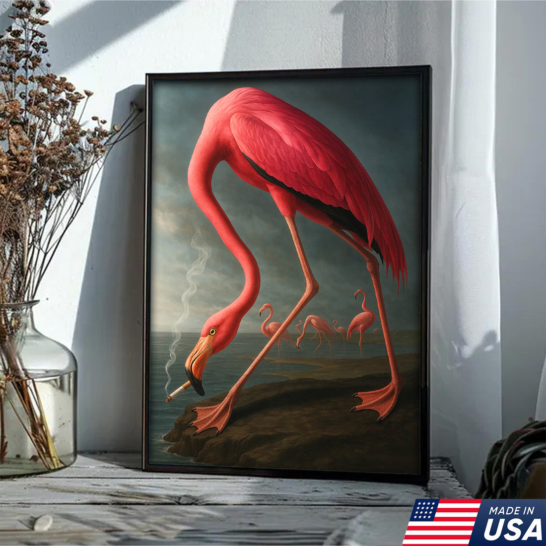 Cool Flamingo Canvas Wall Art – Funny Pink Bird Beach Decor – Unique Coastal Wildlife Print
