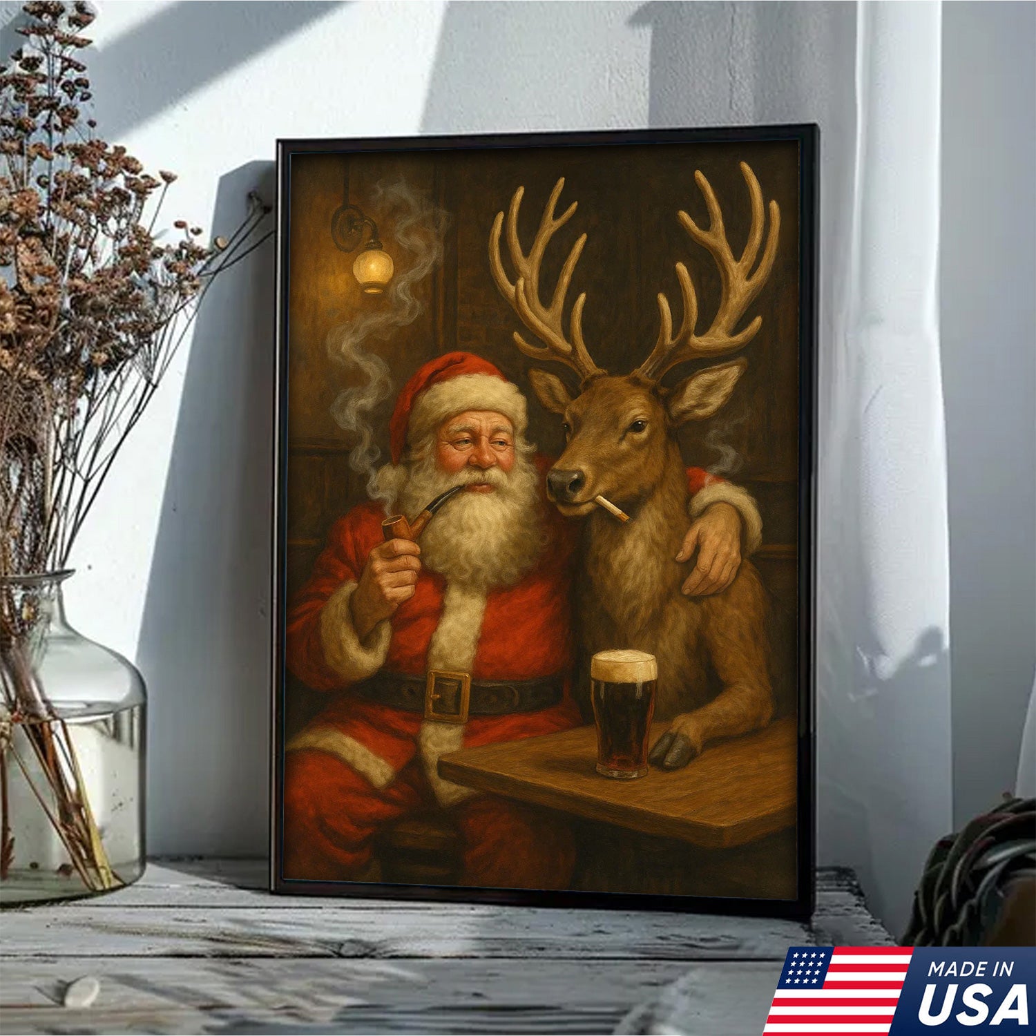 Funny Santa and Reindeer Wall Art Canvas – Rustic Christmas Lodge Decor – Holiday Deer Hunting Theme