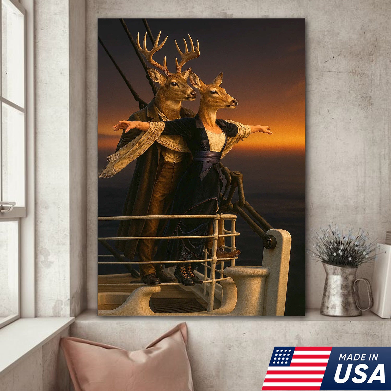 Romantic Deer Canvas Wall Art – Buck and Doe Cinematic Scene Sunset – Funny Whitetail Deer Couple Home Decor