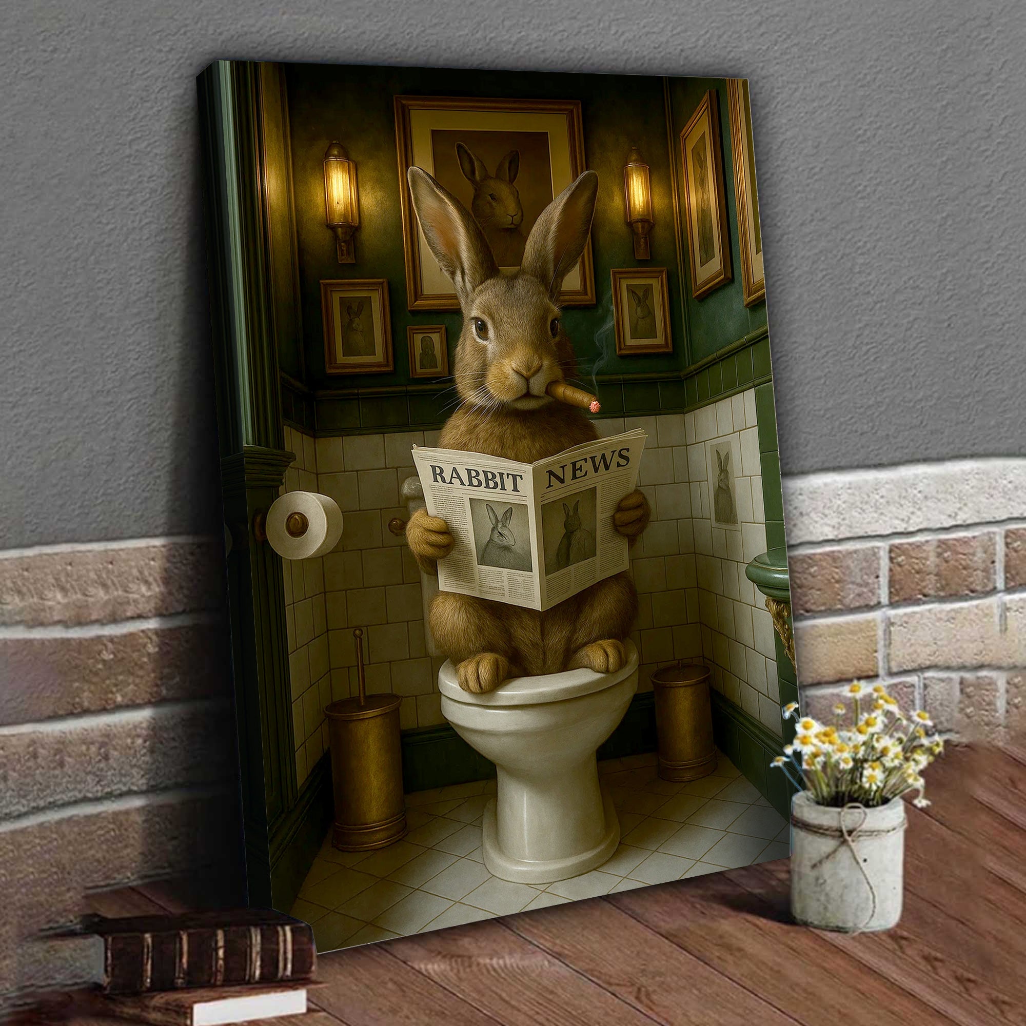Funny Rabbit Bathroom Poster Canvas– Smoking-Smoking Bunny Reading Newspaper - Rustic Toilet Wall Art, Gift for Animal Lovers