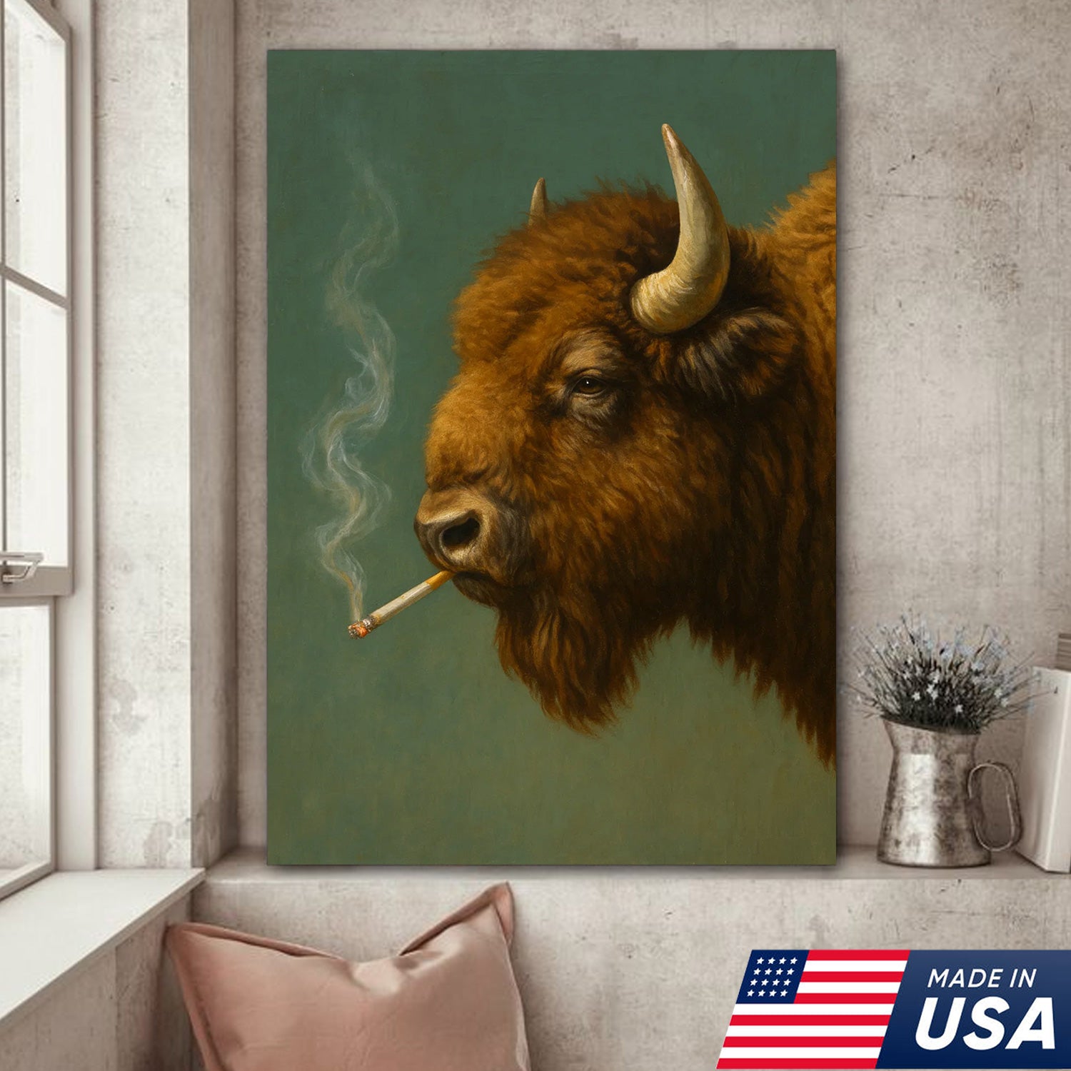 Buffalo Bison Smoking Canvas Wall Art – Rustic Western Cabin Decor for Hunters