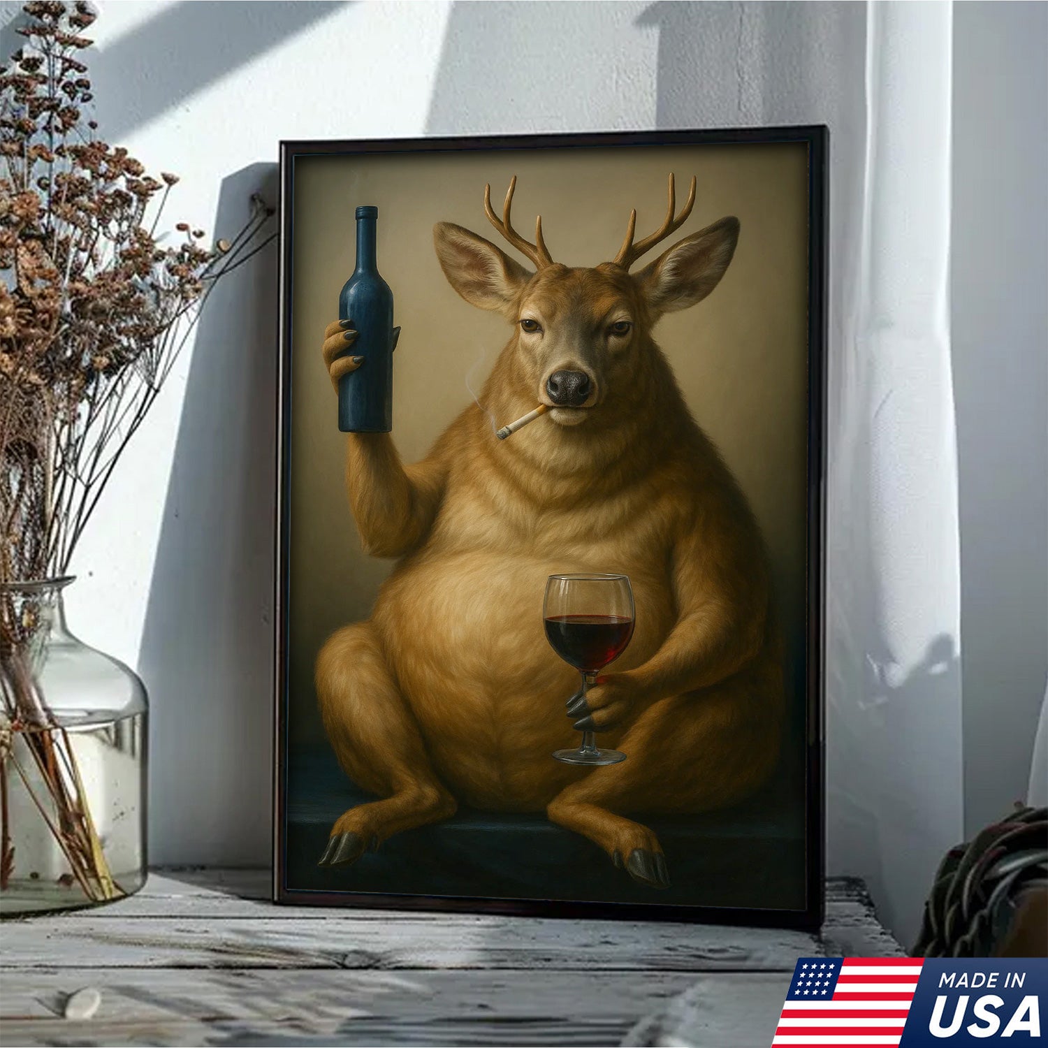 Funny Deer Wall Art Canvas – Fat Buck with Wine Glass Rustic Lodge Decor – Whimsical Wildlife Hunting Home Decoration