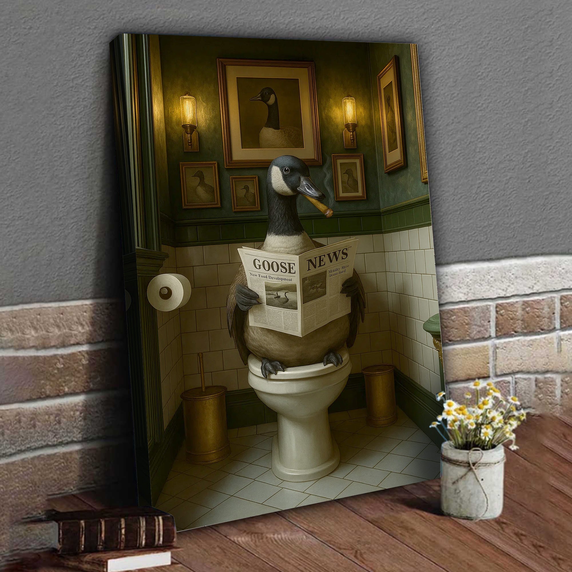 Funny Canada Goose Bathroom Poster – Rustic Cabin Wall Art, Goose Reading Newspaper on Toilet - Canvas Gift for Hunters