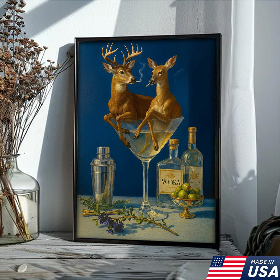 Funny Deer Couple Wall Art Canvas β Whimsical Buck and Doe in Martini Glass β Rustic Lodge Hunting Decor for Home Bar