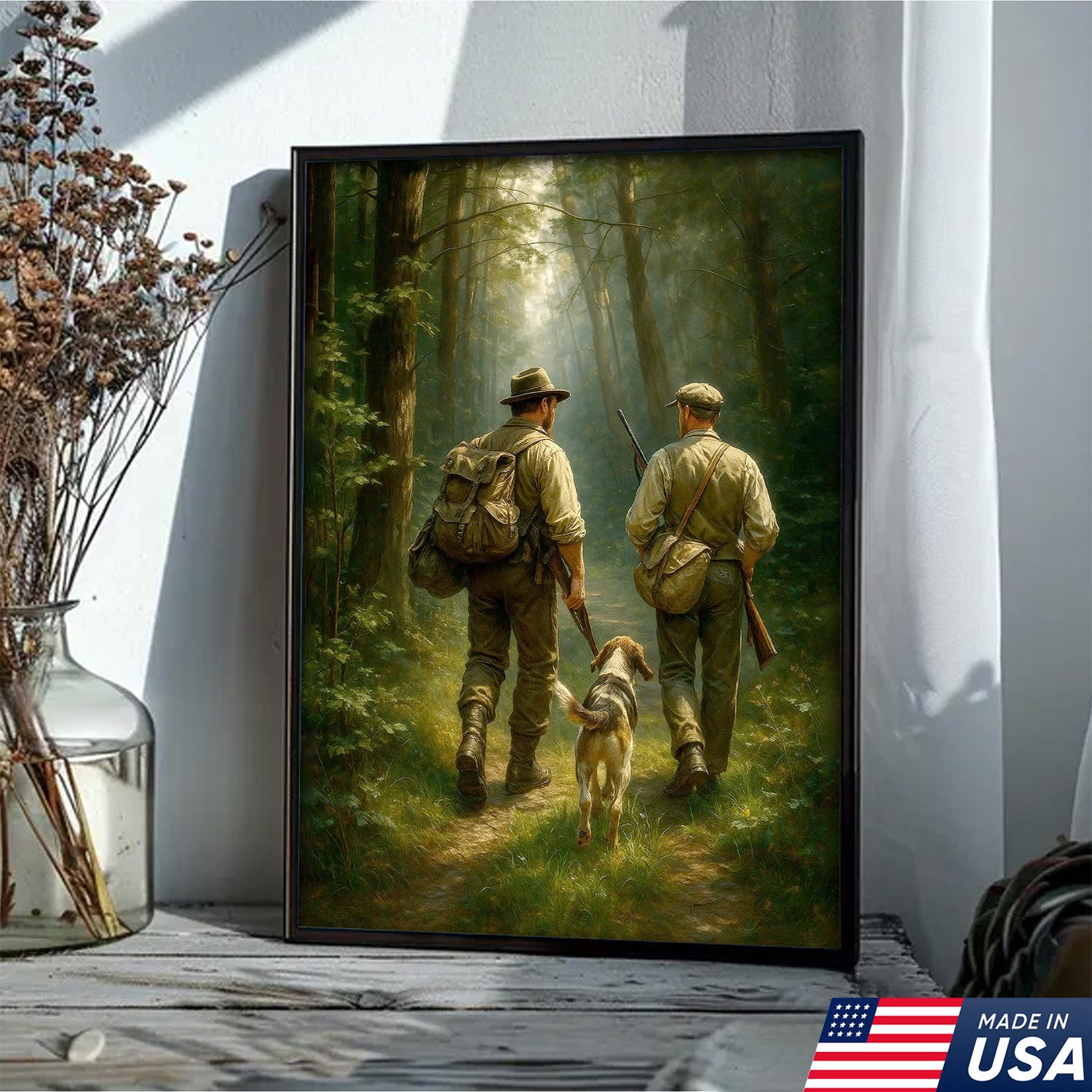 Hunting Canvas Wall Art – Hunters Walking with Dog in Forest – Rustic Cabin Decor for Lodge and Outdoor Enthusiasts