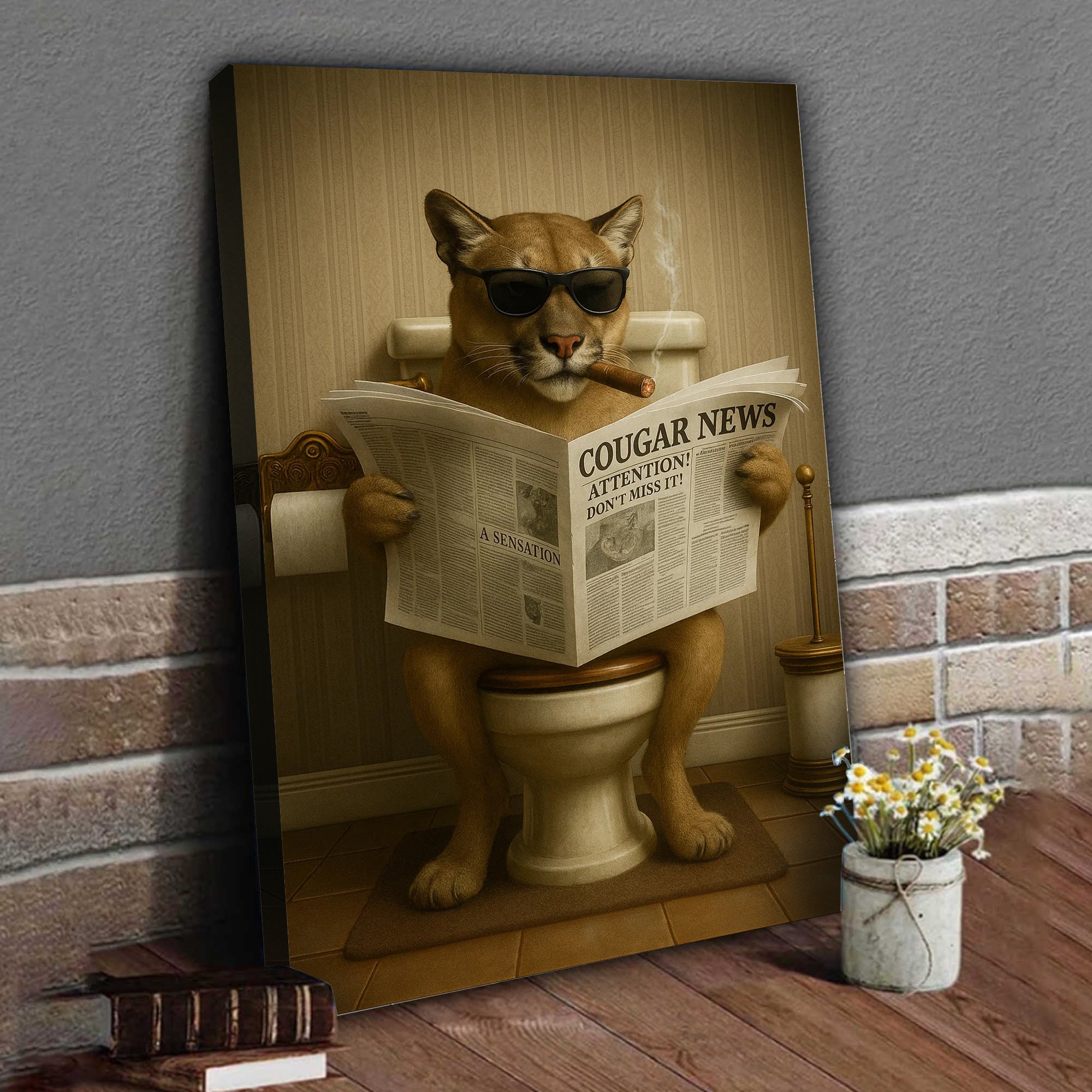 Funny Cougar Bathroom Canvas – Mountain Lion on Toilet Reading Newspaper - Rustic Cabin Decor, Gift for Outdoorsmen