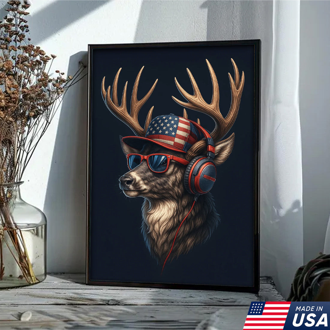 Patriotic Deer Wall Art Canvas β Cool Buck with American Flag Hat and Headphones β Rustic Hunting Lodge Decor USA