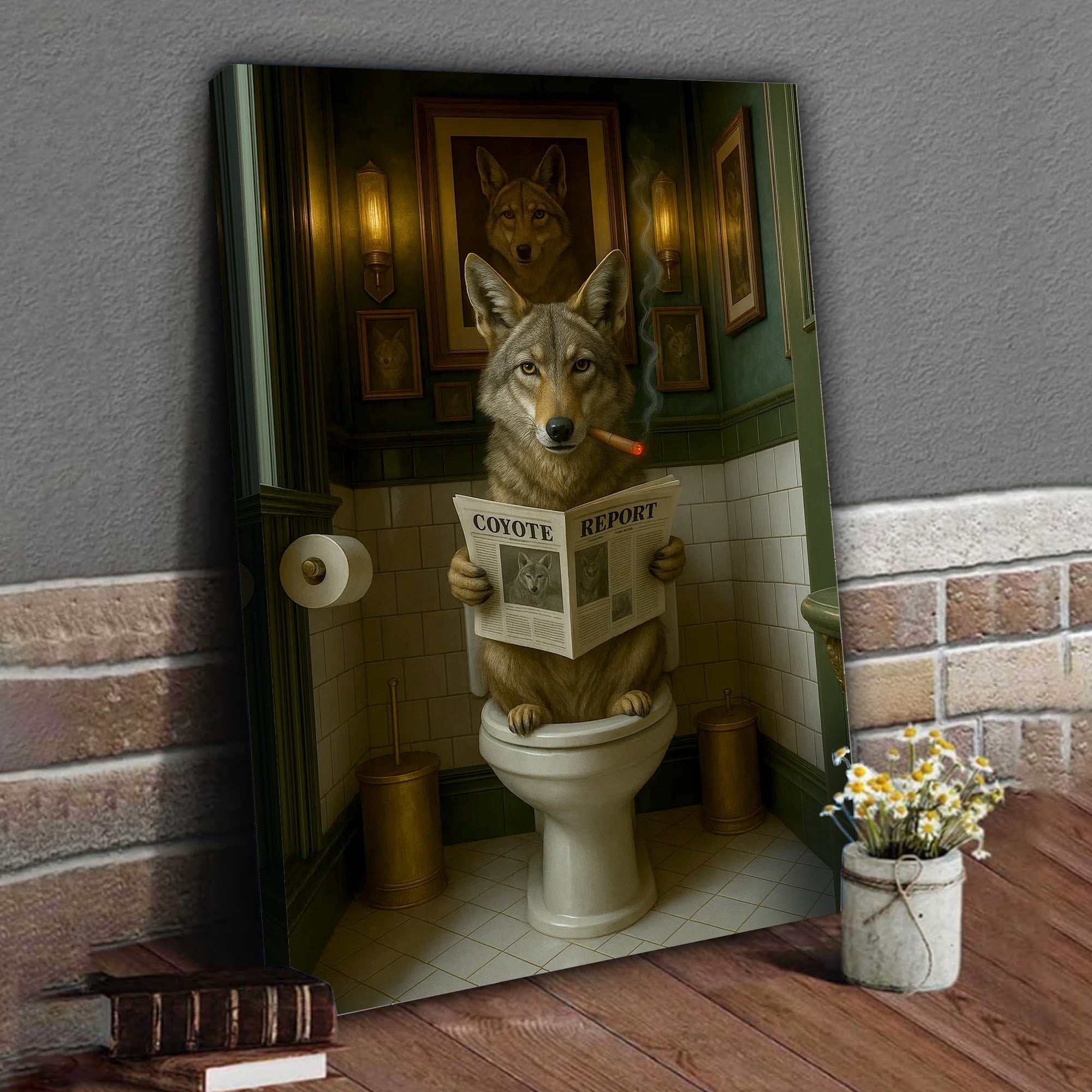 Funny Coyote Bathroom Canvas – Wild Dog on Toilet Reading Newspaper - Wolf Coyote - Rustic Lodge Decor, Gift for Outdoorsmen