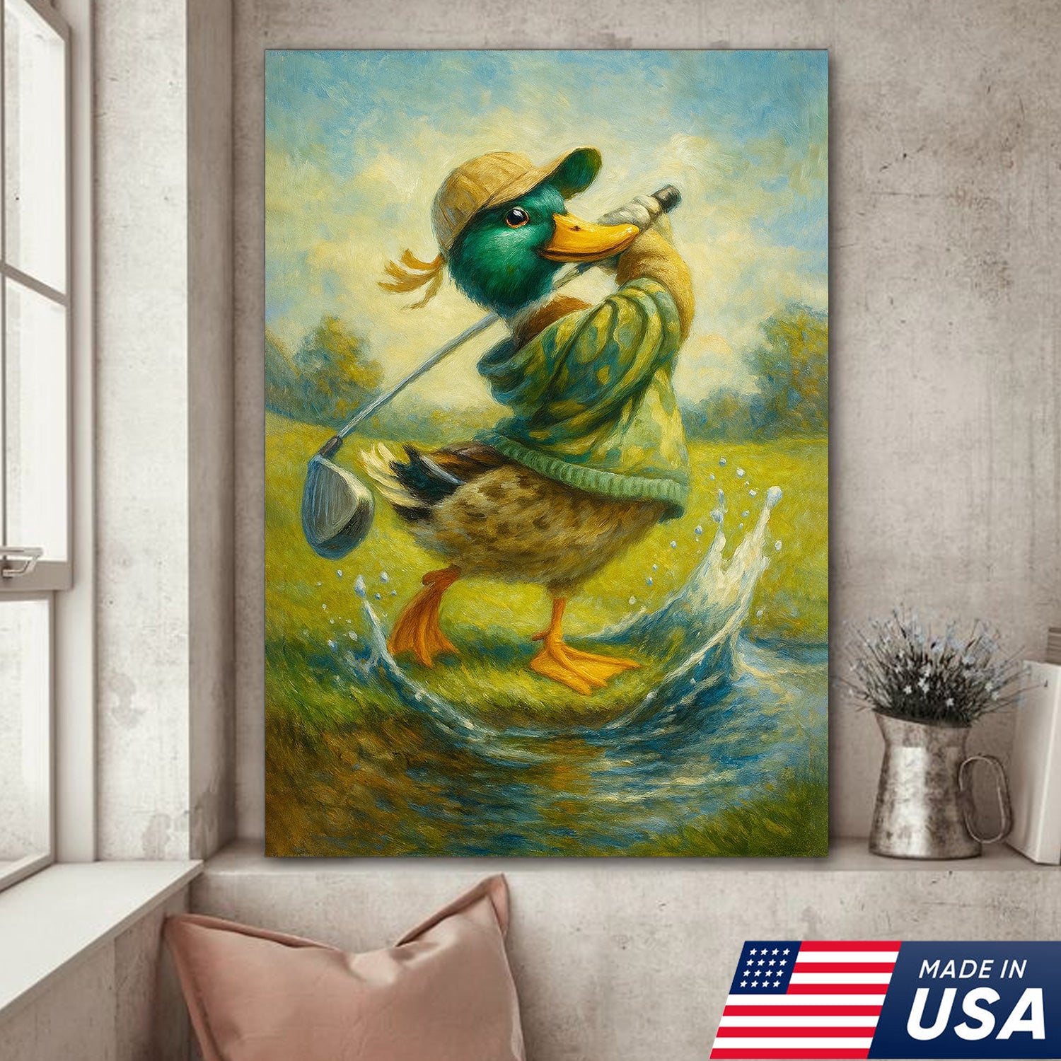 Funny Duck Playing Golf Canvas Wall Art – Rustic Sports Lodge Decor, Man Cave & Golfer Gift