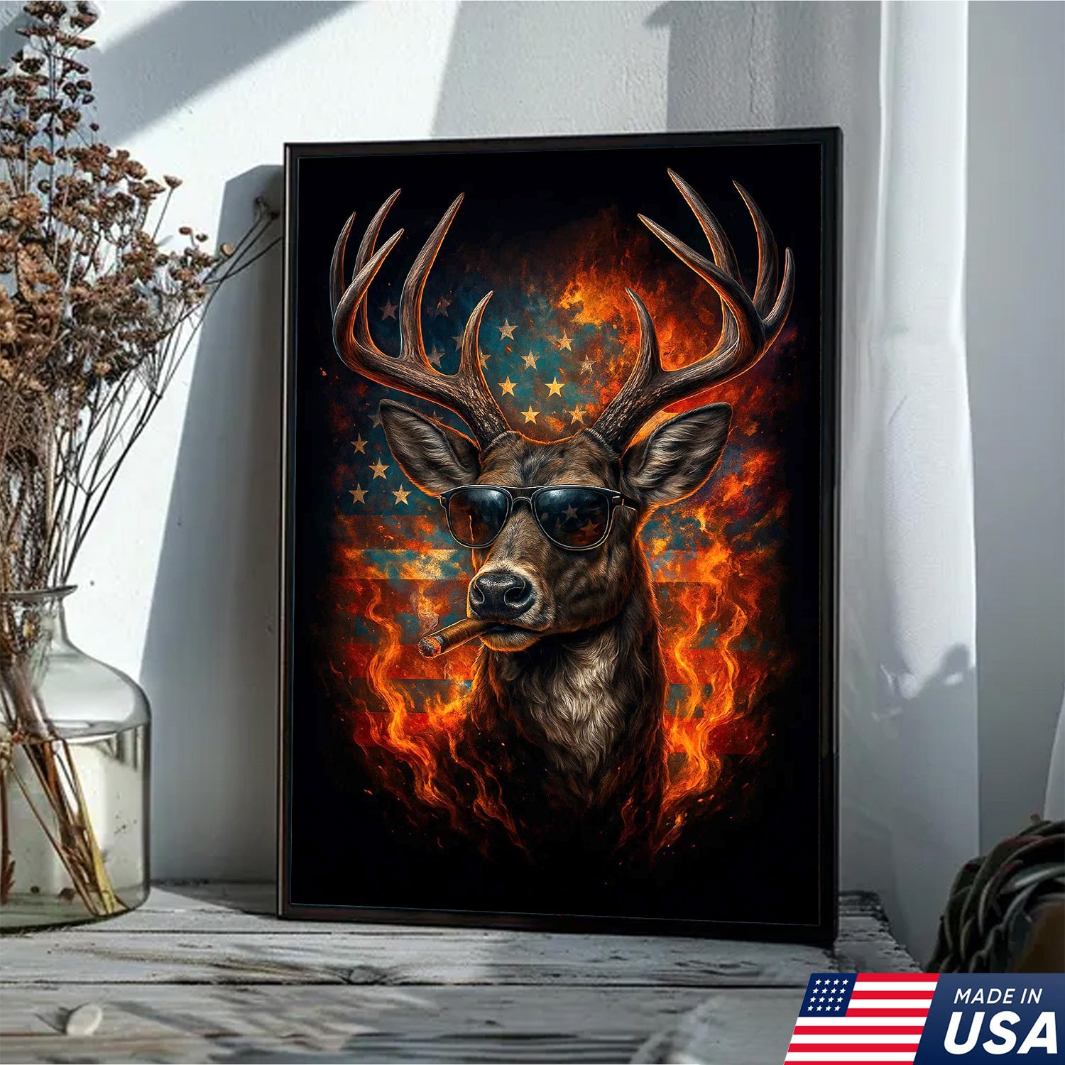 Patriotic Deer Wall Art Canvas – Cool Buck with Sunglasses and American Flag – Rustic Hunting Lodge Decor USA