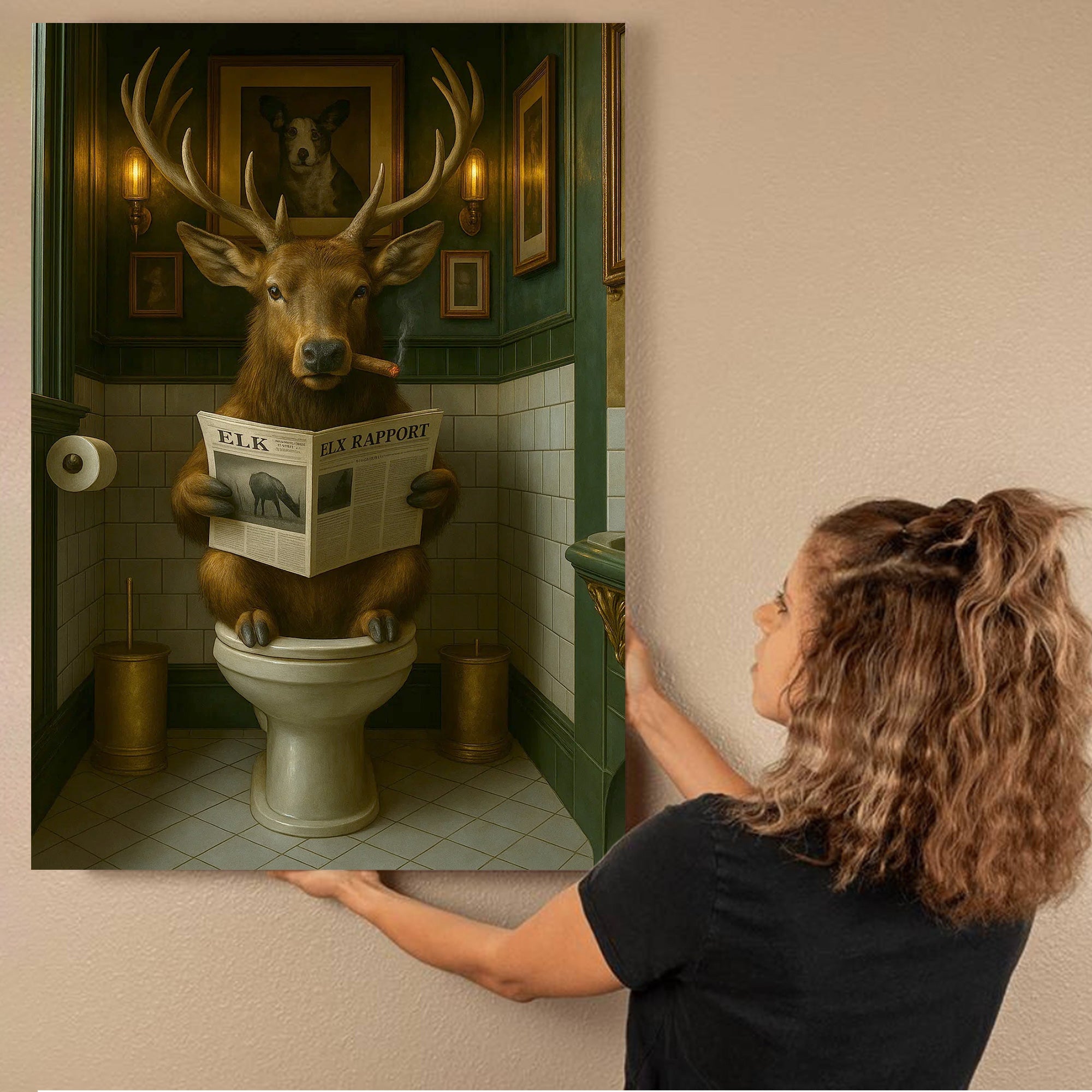 Funny Elk Bathroom Canvas – Smoking-Smoking Deer Reading Newspaper on Toilet - Rustic Cabin Wall Art for Hunters