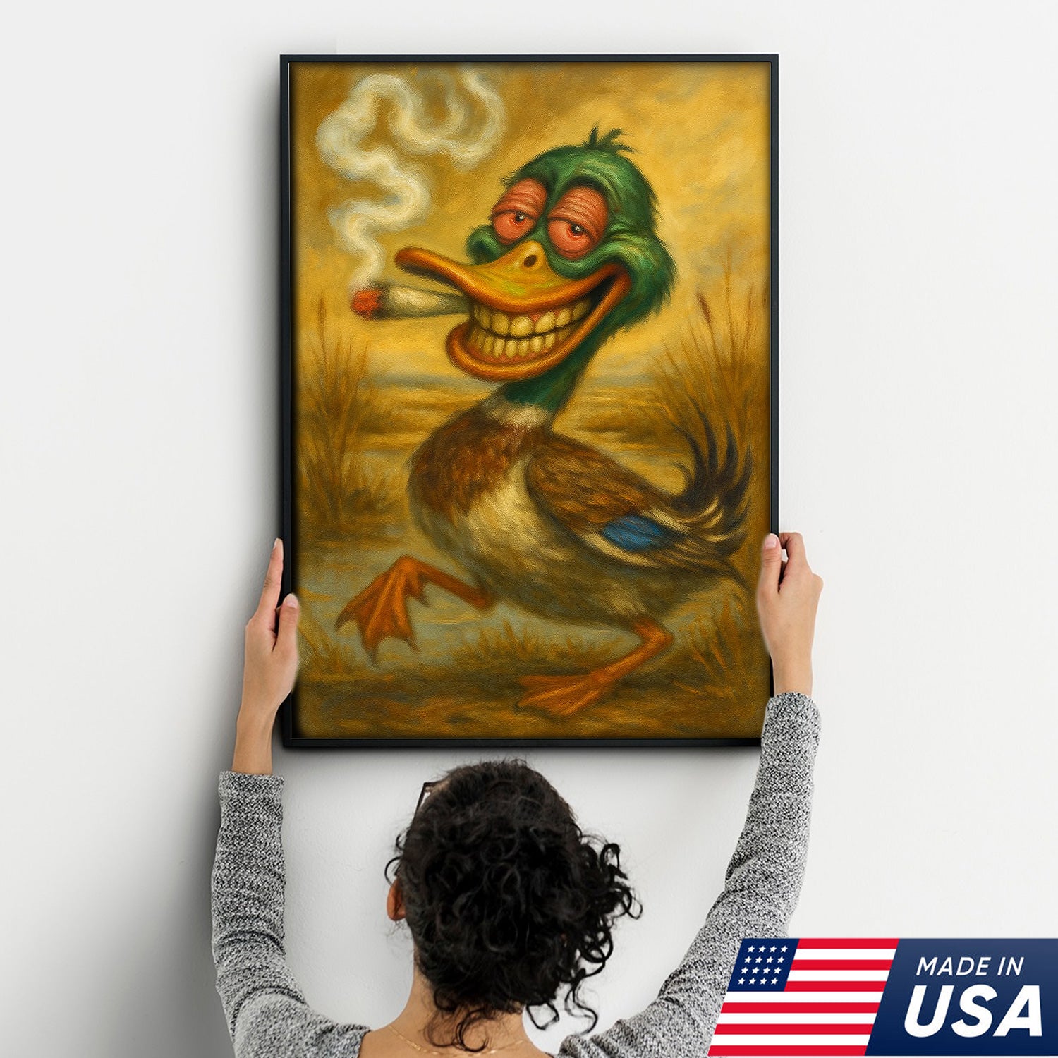 Funny Duck Smoking Canvas Wall Art – Rustic Hunting Cabin Decor, Man Cave & Lodge Gift