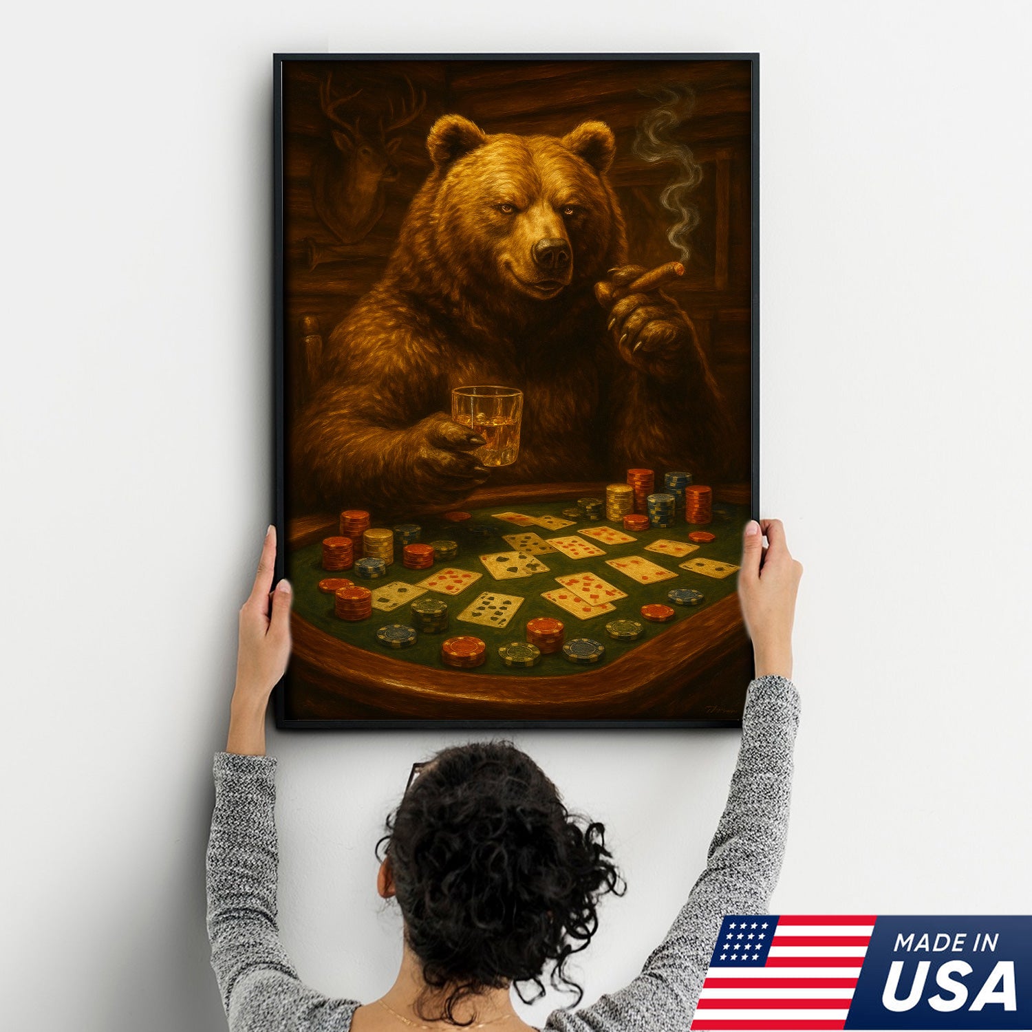 Rustic Bear Poker Canvas Wall Art – Funny Animal Playing Cards Decor for Cabin, Lodge & Game Room