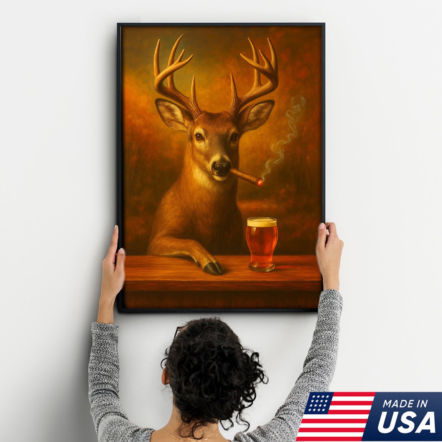Funny White-Tailed Deer Smoking and Drinking Cocktail Glasses Canvas - Humorous Man Cave Wall Art For Hunters & Cocktail Glasses Lovers