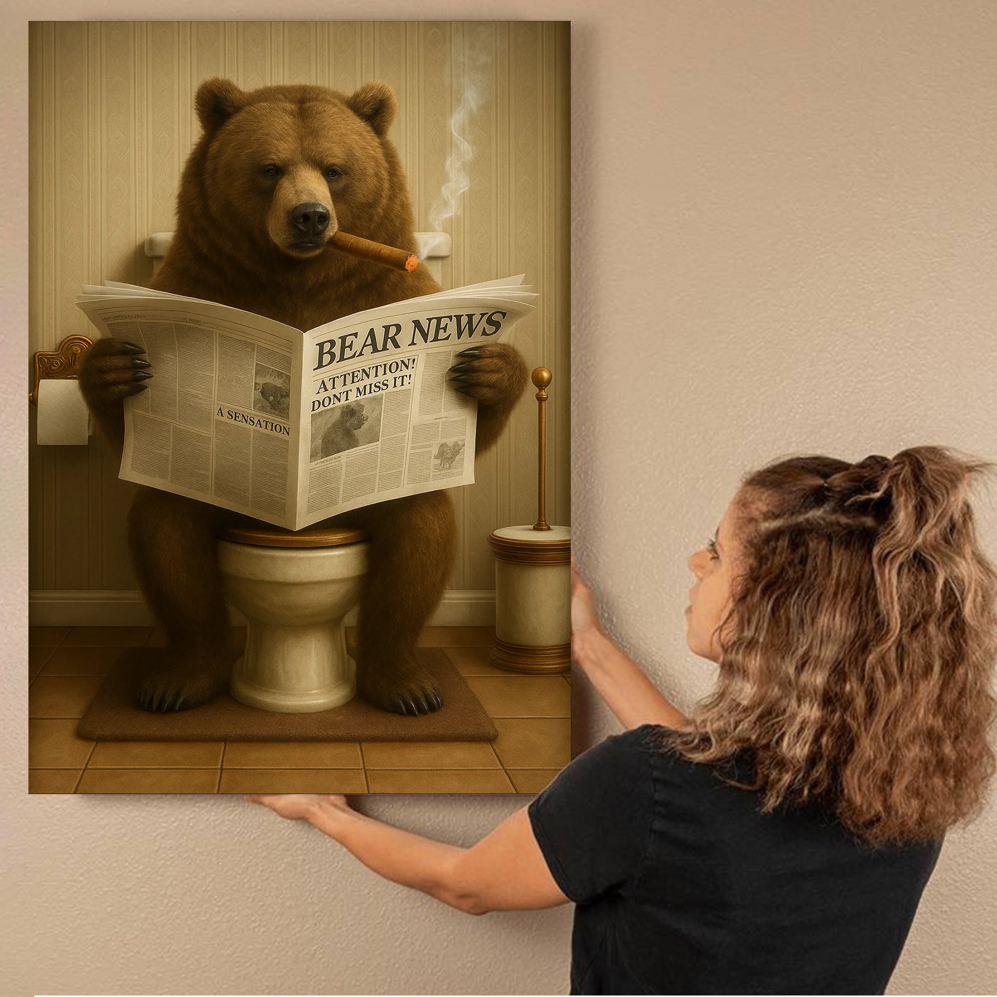 Grizzly Bear Bathroom Canvas – Funny Cabin Decor with Bear Hunting on Toilet Reading Newspaper - Gift for Outdoorsmen
