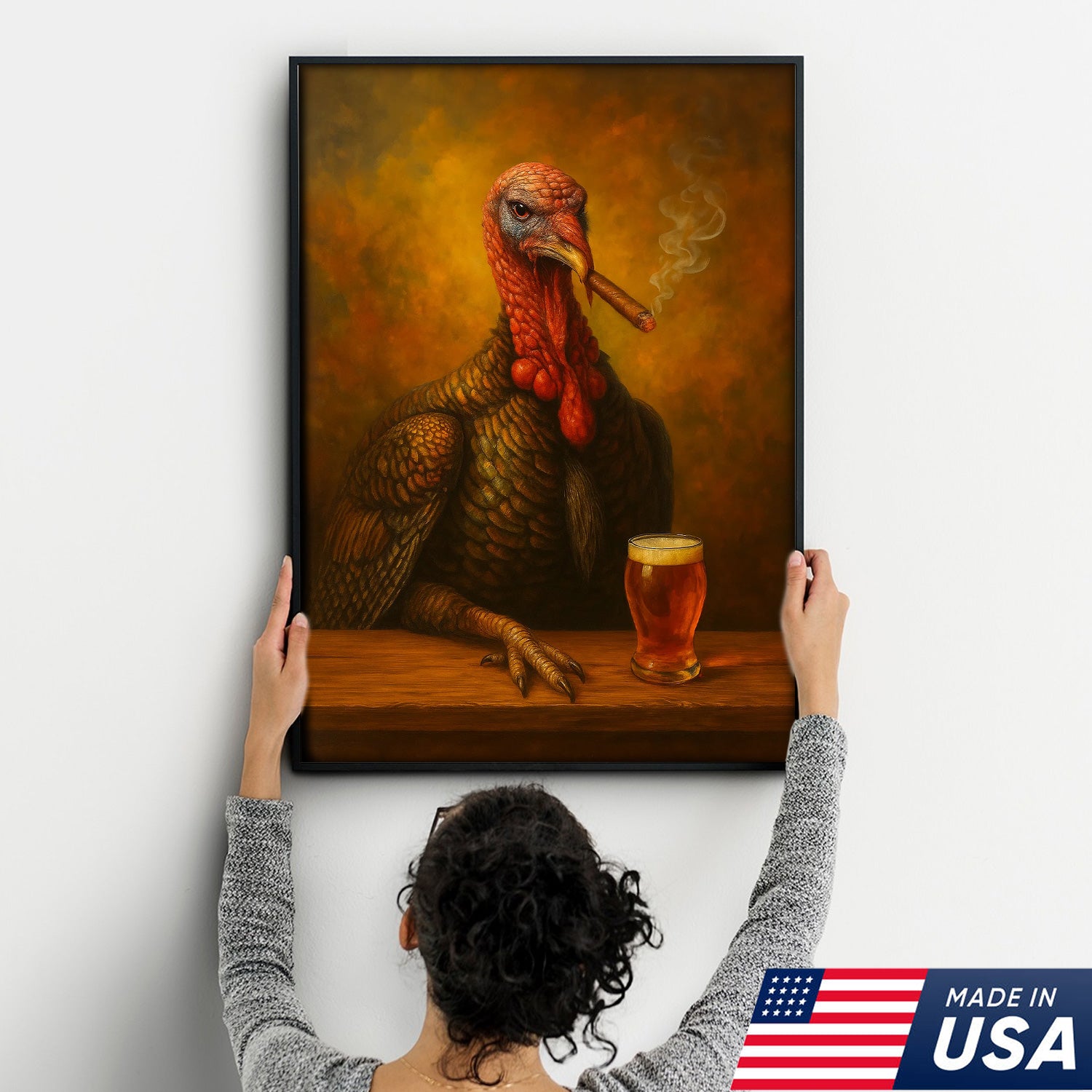 Funny Turkey Drinking Cocktail Glasses and Smoking Canvas – Rustic Farmhouse Wall Art