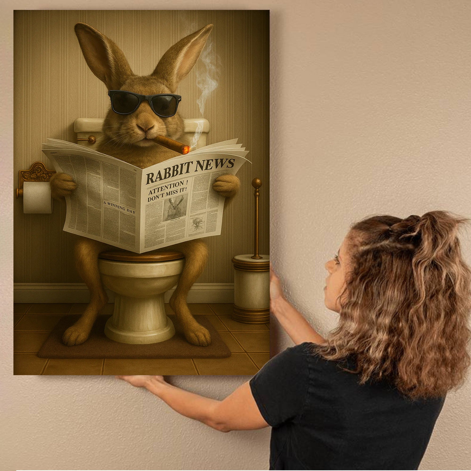 Funny Rabbit Reading News Bathroom Wall Art – Rustic Decor for Men, Hunting Cabin Poster, Hilarious Gift for Dad