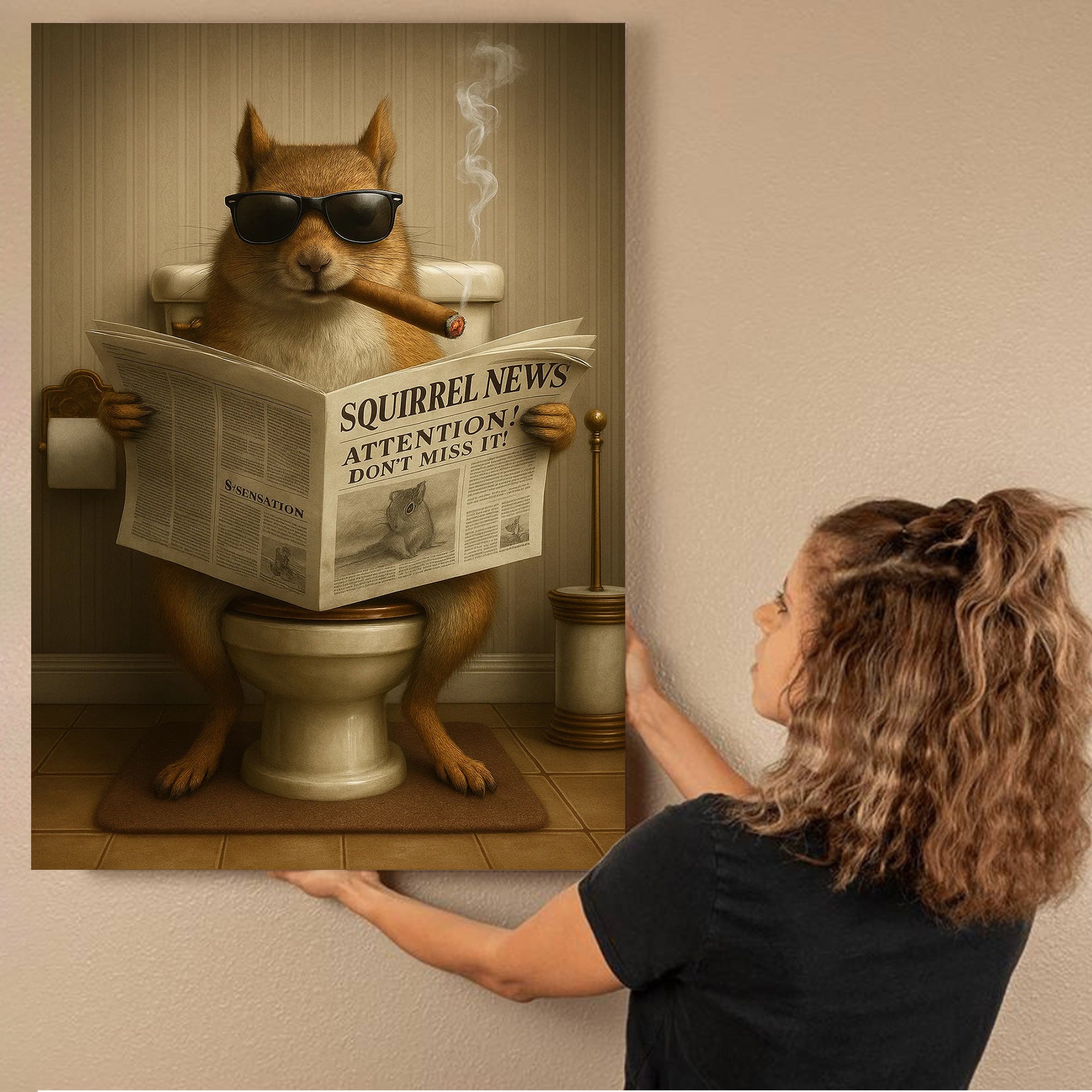 Squirrel Reading News Smoking Bathroom Wall Art – Rustic Decor for Men, Hunting Cabin Poster, Hilarious Gift for Dad