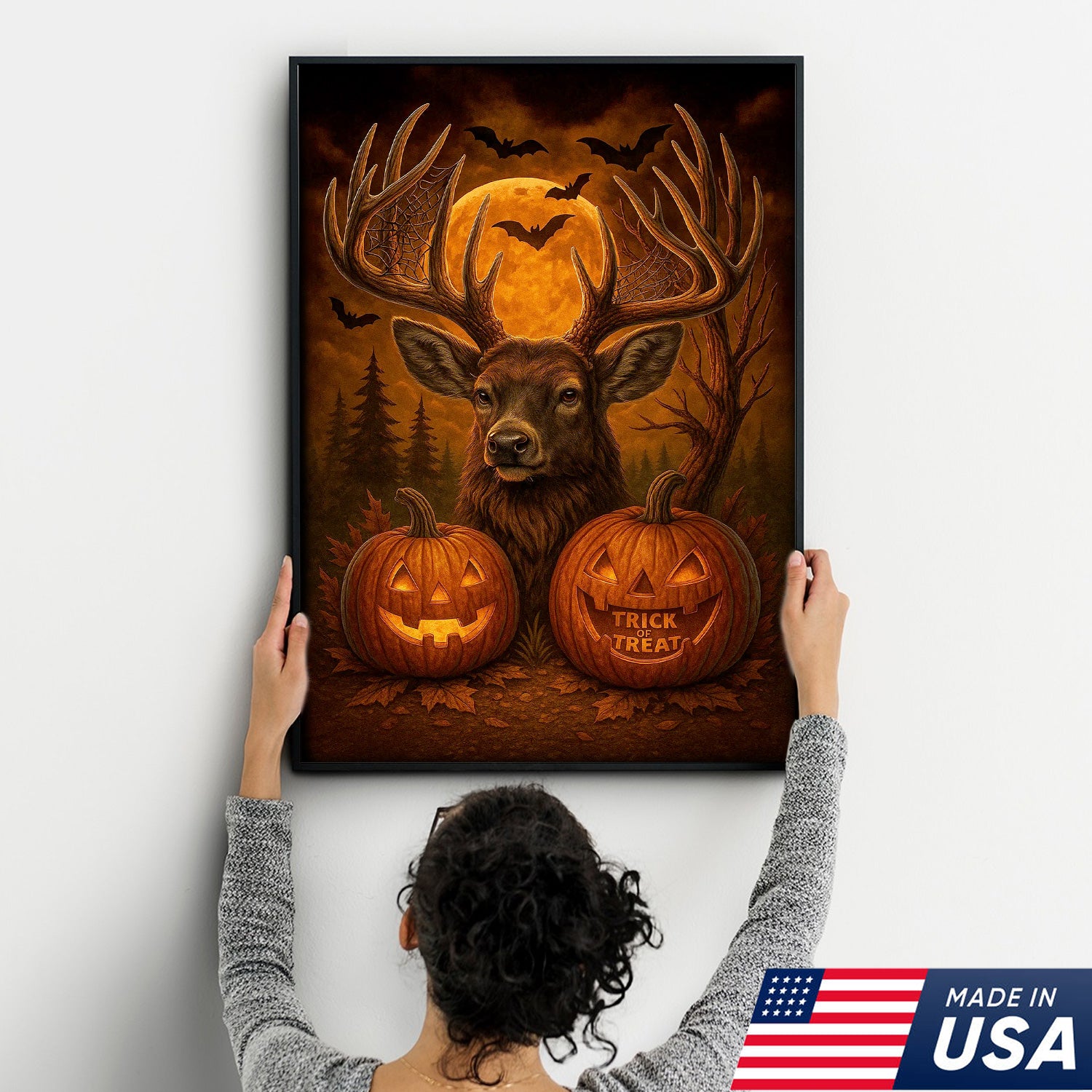 Trophy Buck Halloween Canvas Wall Art – Spooky Deer with Pumpkins and Full Moon Decor