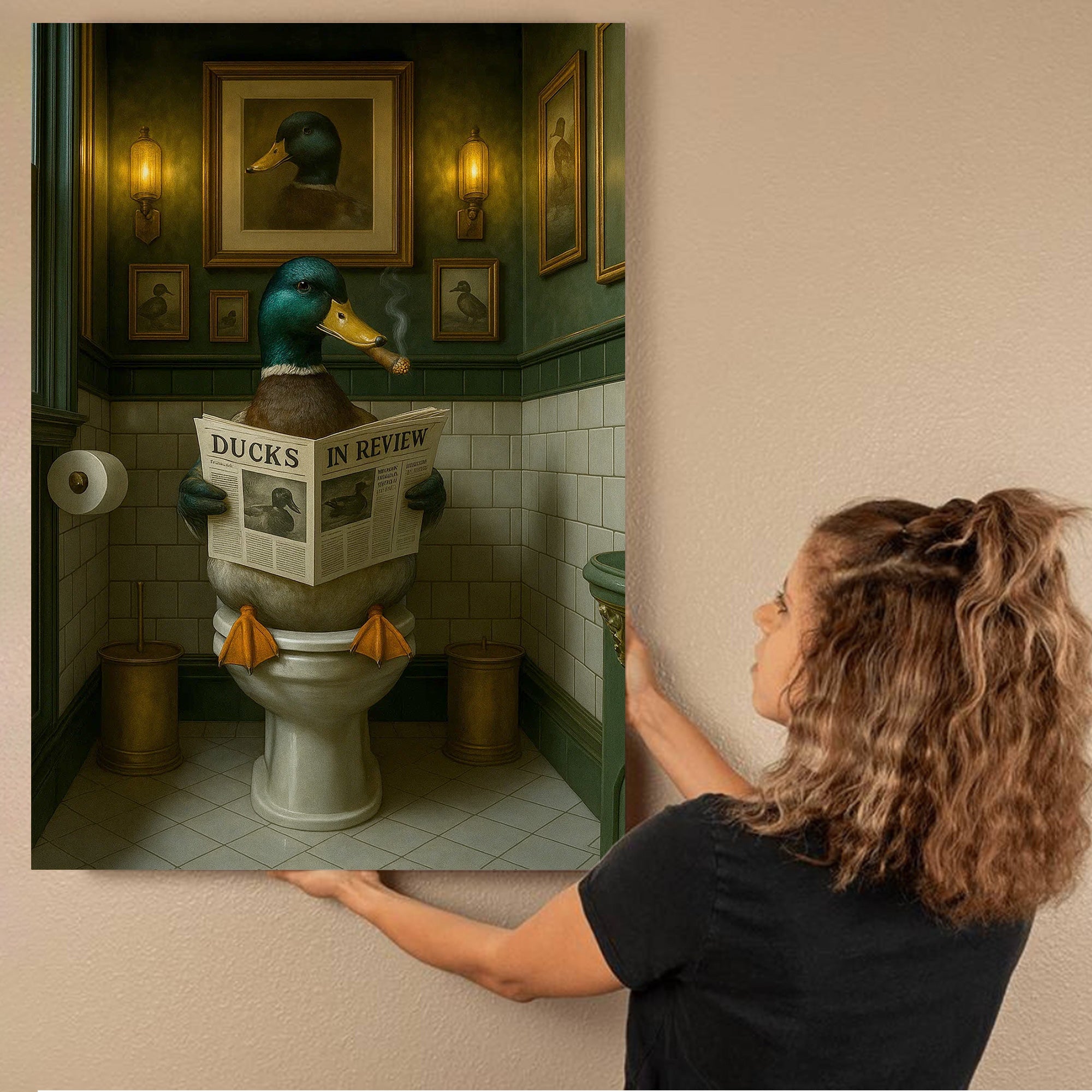 Mallard Duck Toilet Scene Poster Canvas – Smoking-Smoking Duck Reading ‘Ducks in Review’ - Gift for Outdoorsmen