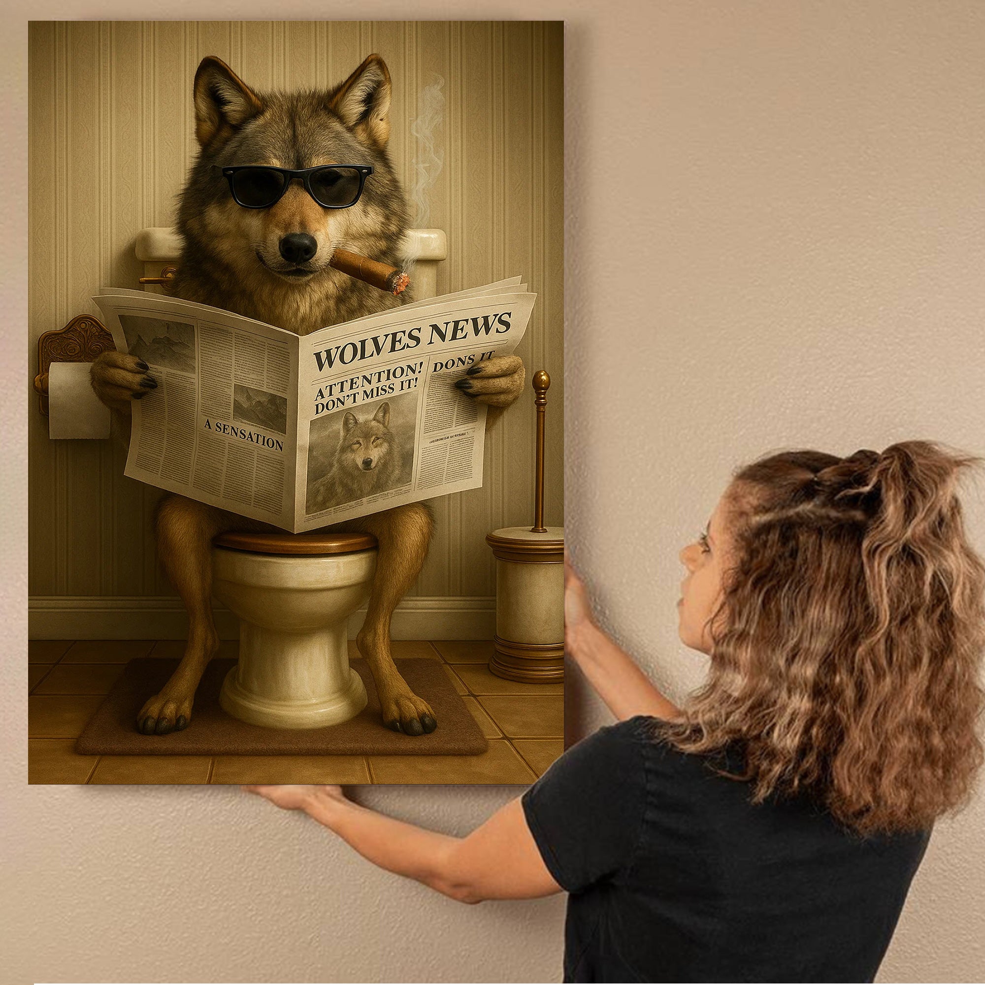 Funny Wolves News Poster Canvas – Hilarious Bathroom Scene with Cool Wolf on Toilet - Gift for Men, Nature Lovers, Hunters