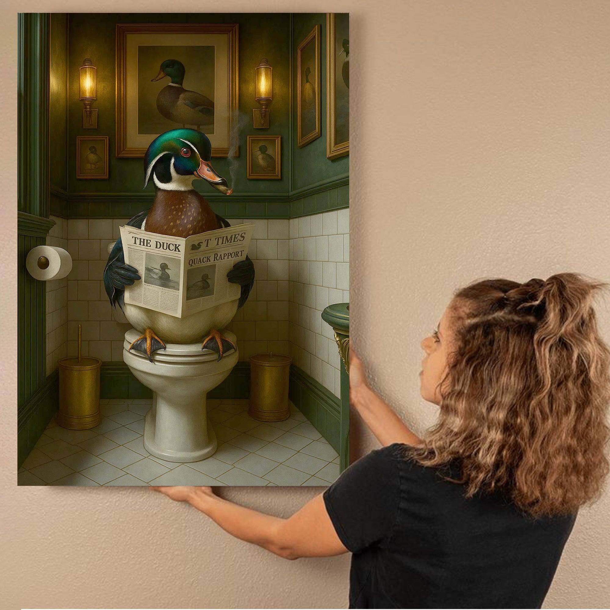 Rustic Duck Bathroom Wall Art Canvas – Wood Duck Reading Newspaper - Lodge Humor Print, Perfect Gift for Hunters