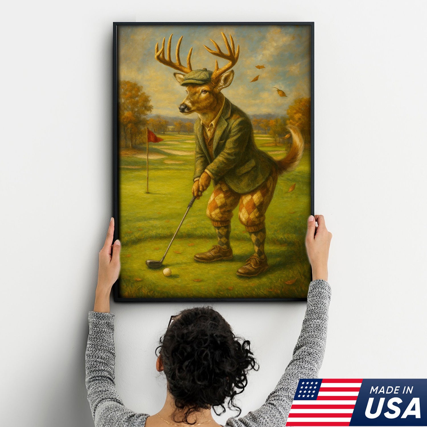 Vintage Deer Golfer Canvas Print – Rustic Funny Lodge Wall Art, Man Cave & Cabin Gift USA