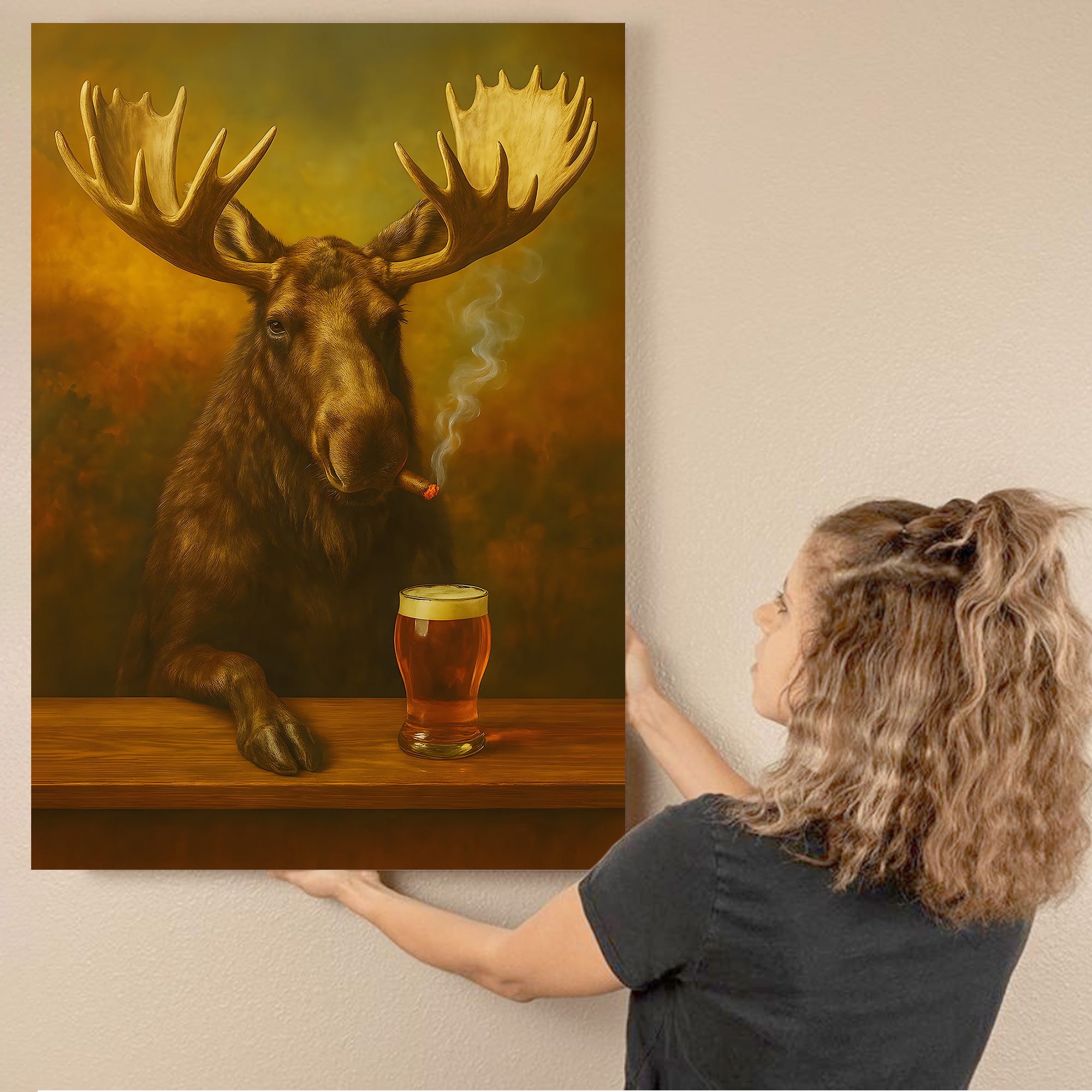 Moose Smoking & Drinking Canvas - Rustic Bar Wall Art Hunting Lodge & Man Cave Decor