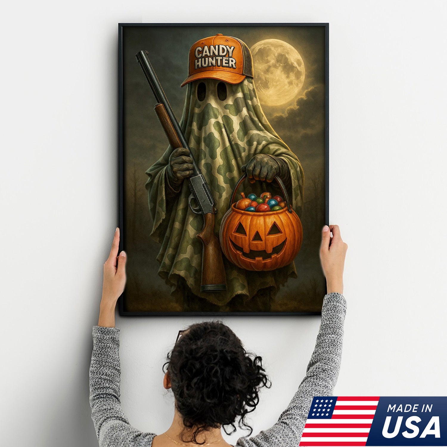 Candy Hunter Halloween Canvas Wall Art – Camouflage Ghost with Shotgun and Pumpkin Trick or Treat Decor