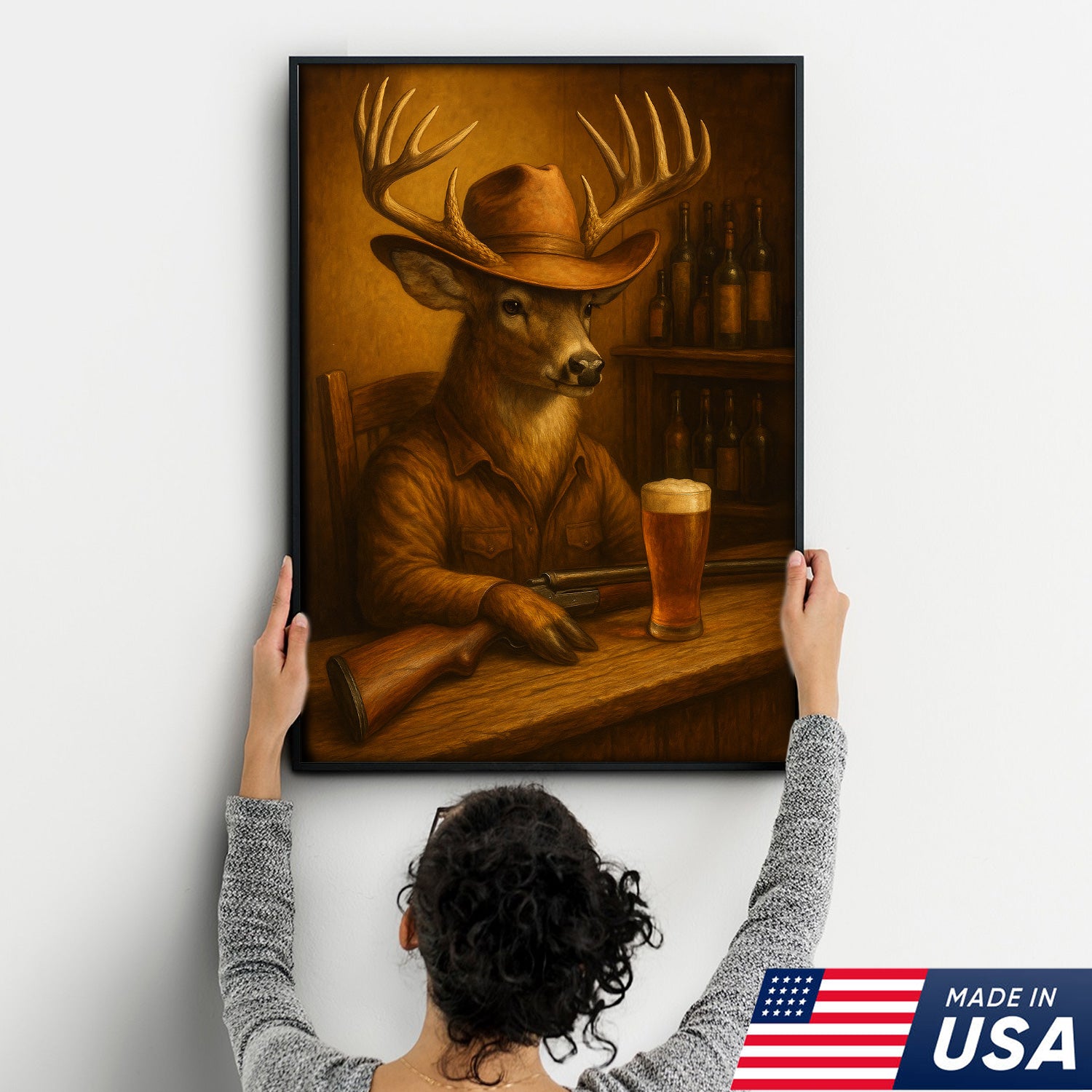 Funny Cowboy Deer Cocktail Glasses Bar Canvas Wall Art – Rustic Hunting Lodge Decor