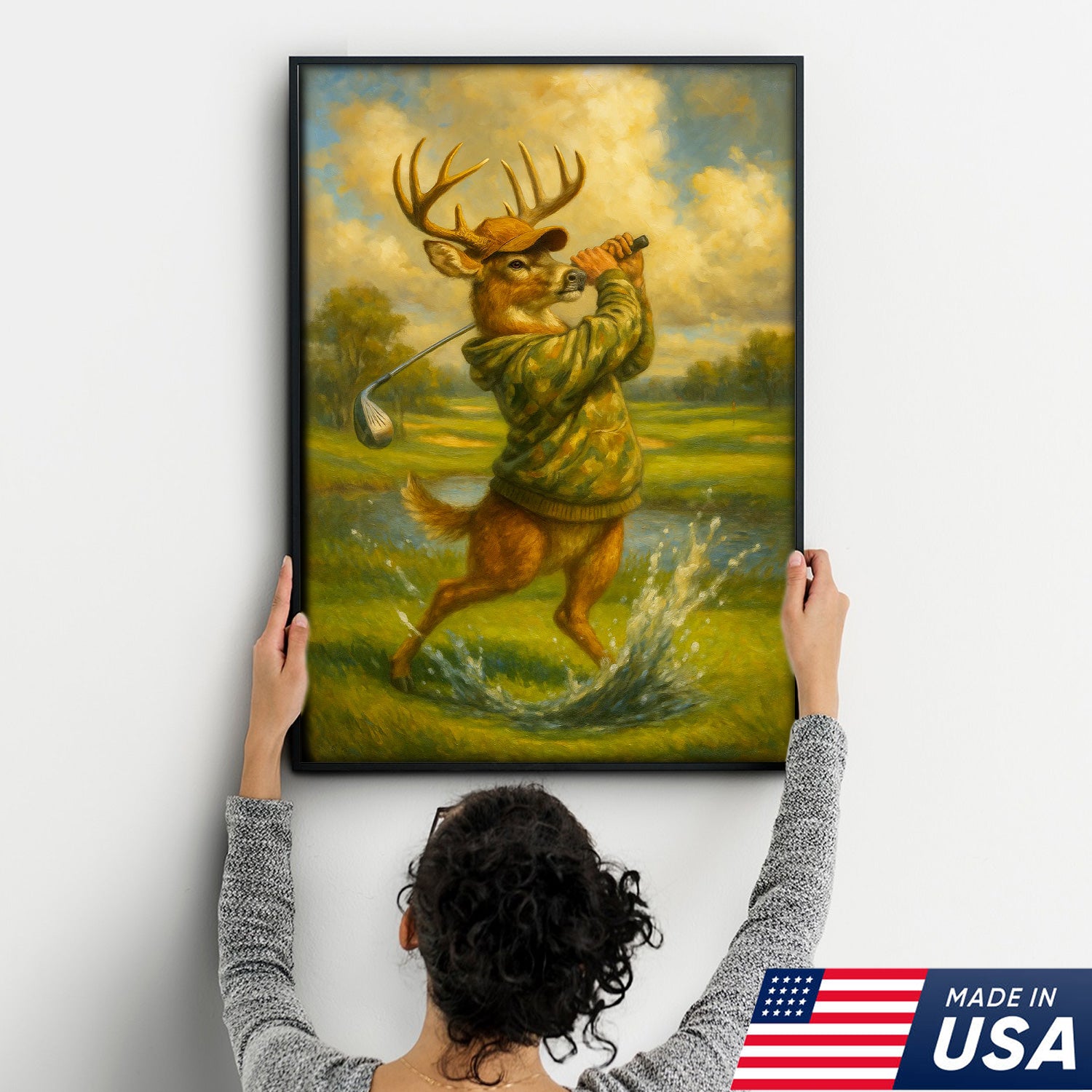 Funny Deer Playing Golf Canvas Wall Art – Rustic Hunting Cabin Lodge Decor, Man Cave & Golfer Gift