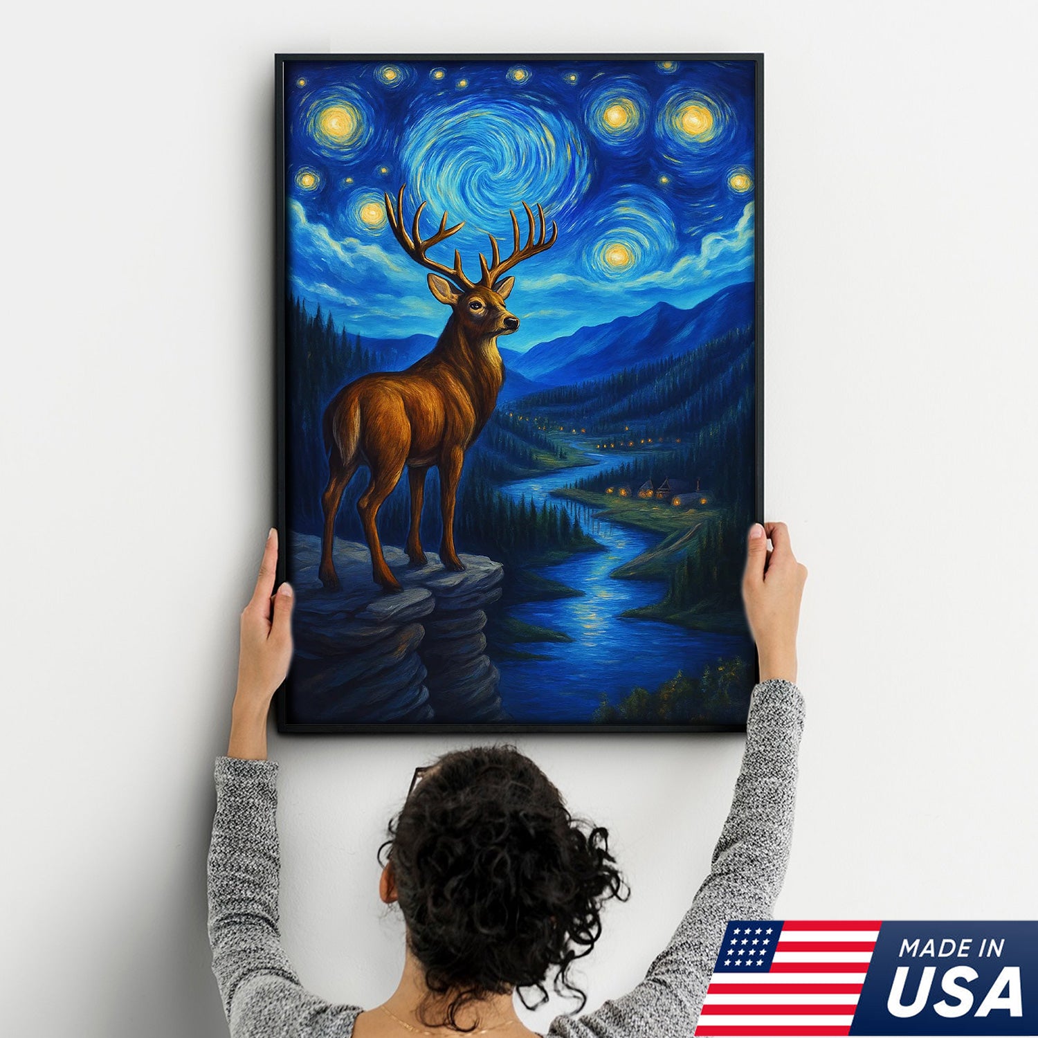 Starry Night Deer Wall Art – Mountain River Landscape Canvas - Hunter Gift for Men Women
