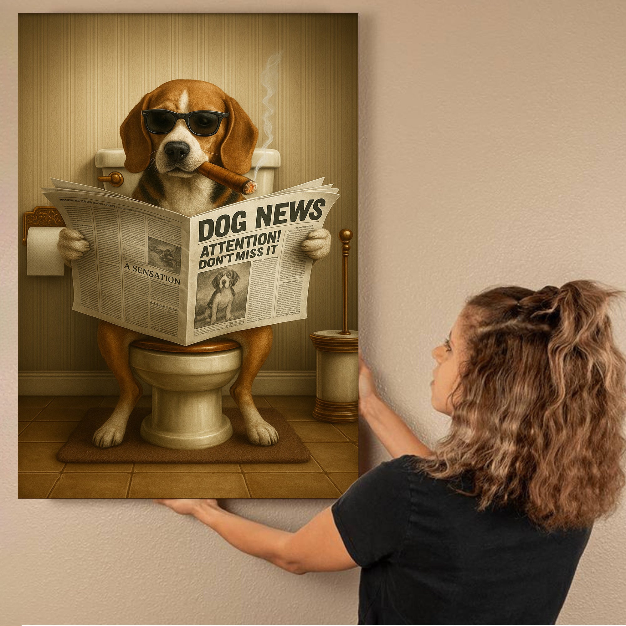 Funny Beagle Reading Newspaper Canvas – Funny Dog Hunting Bathroom Wall Art, Rustic Cabin Decor, Gift for Men