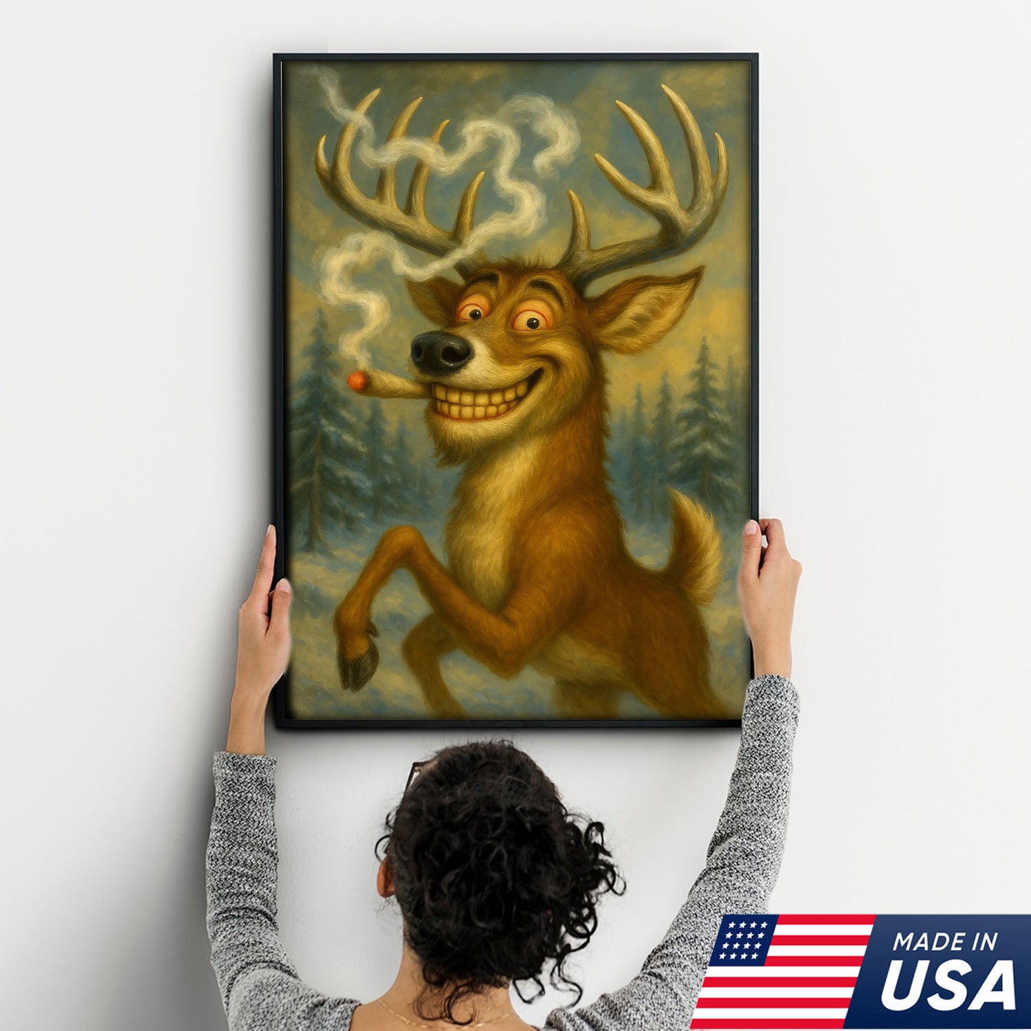 Funny Deer Smoking Canvas Wall Art – Rustic Cabin Lodge Decor, Hunting Gift for Men