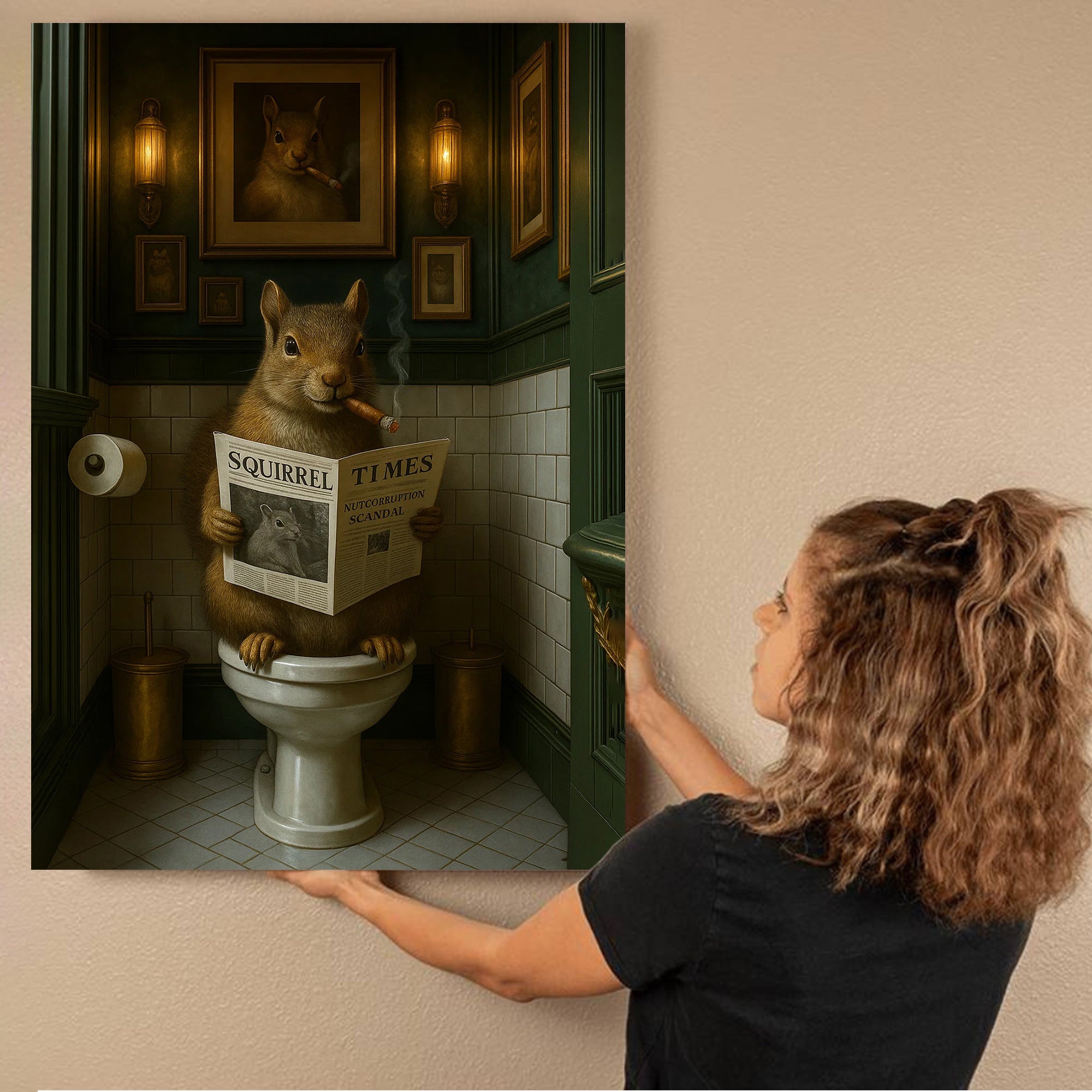 Funny Squirrel on Toilet Poster Canvas – Hilarious Wildlife Bathroom Scene - Lodge Humor Canvas, Gift for Men or Nature Lovers