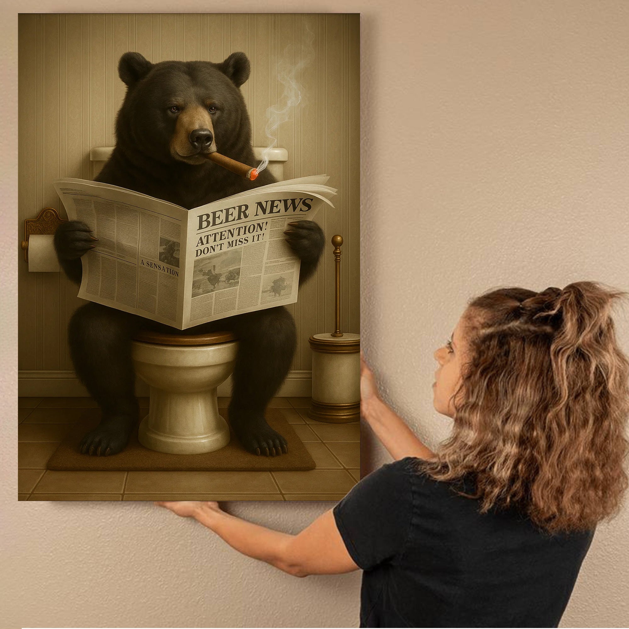 Funny Bear Newspaper Bathroom Canvas Wall Art – Wildlife Animal Poster - Unique Gift for Dad, Hunters & Outdoorsmen