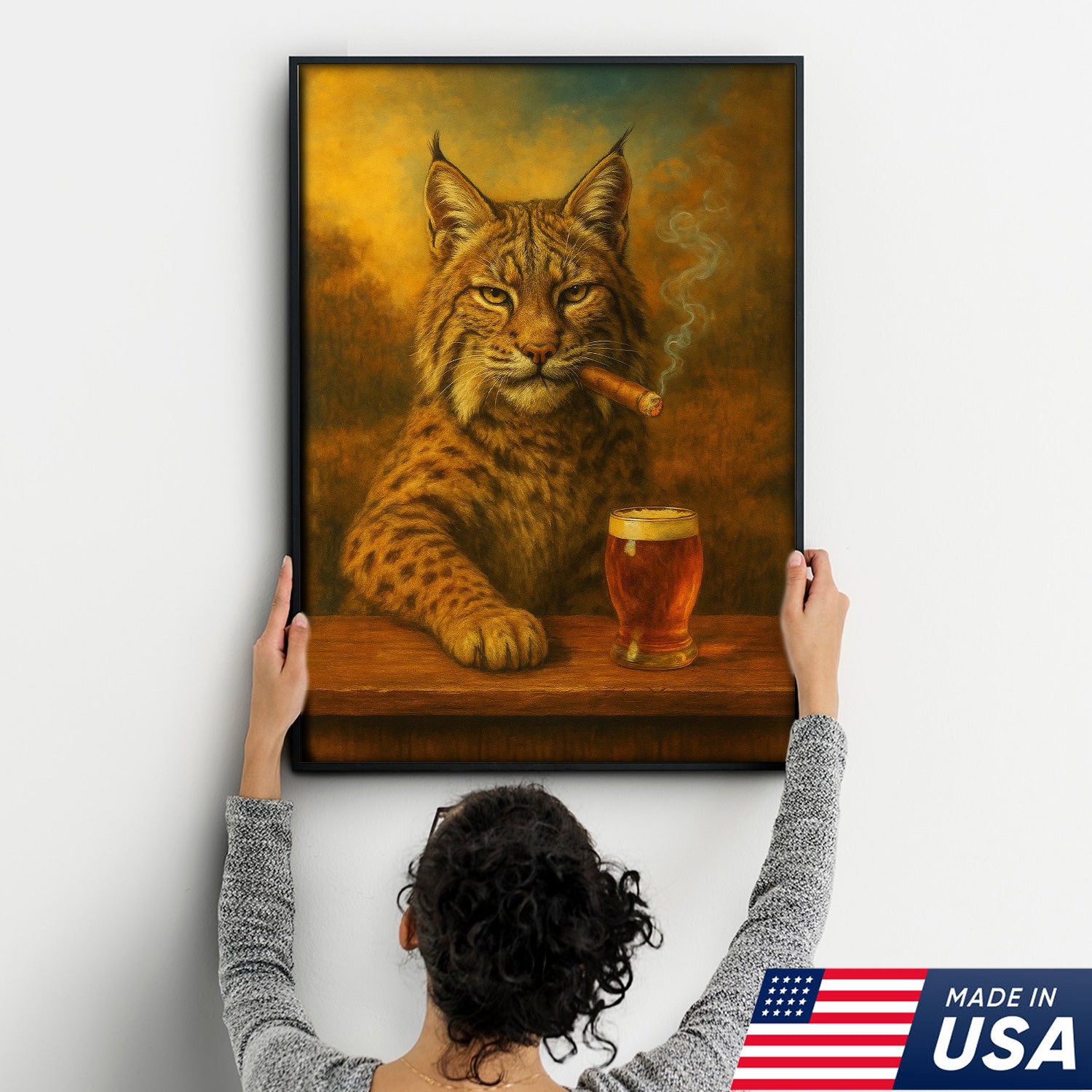 Funny Bobcat Smoking with Cocktail Glasses Canvas – Rustic Cabin & Hunting Lodge Wall Art
