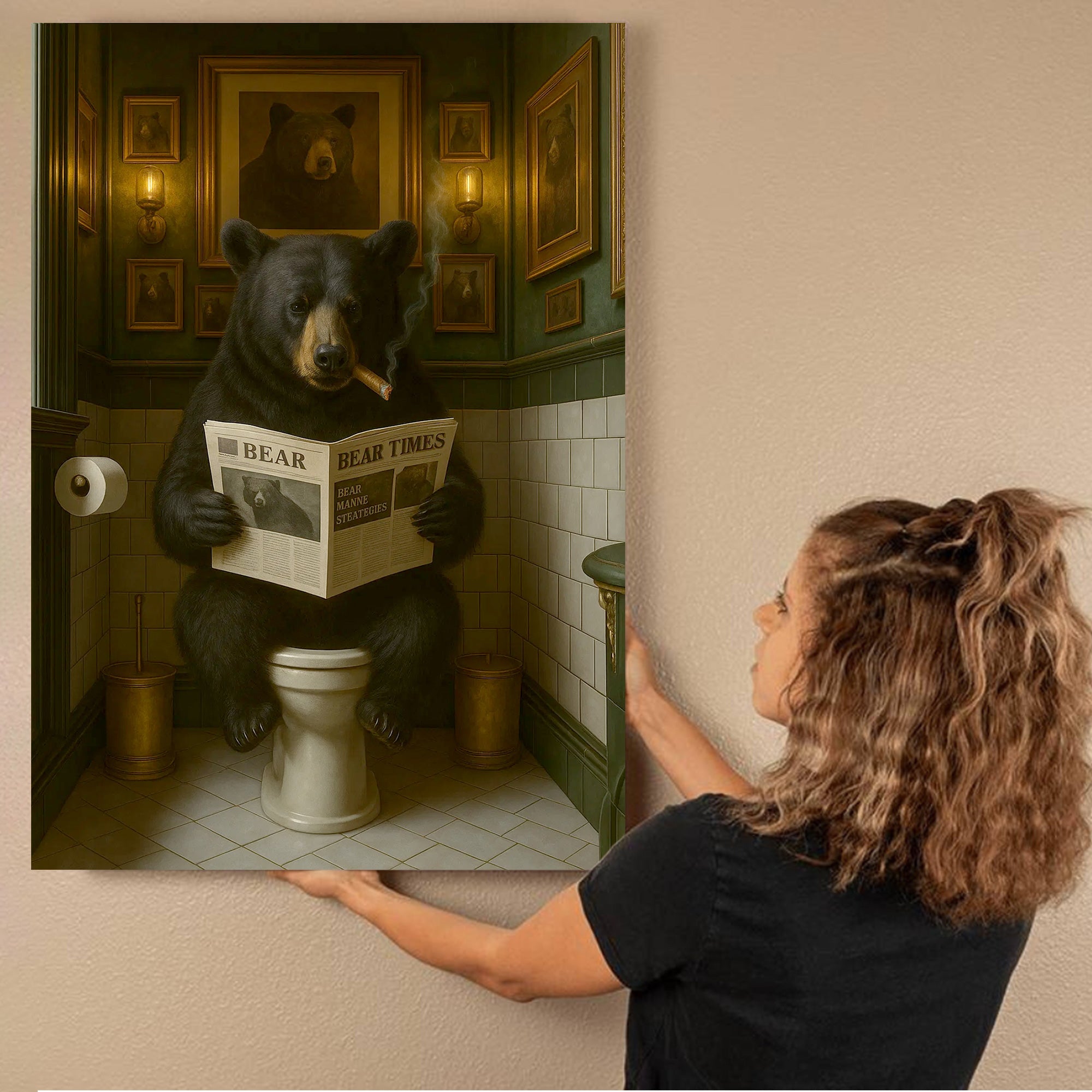 Funny Bear Hunting Bathroom Canvas – Black Bear On Toilet Reading Newspaper - Rustic Lodge Decor for Dad or Hunters