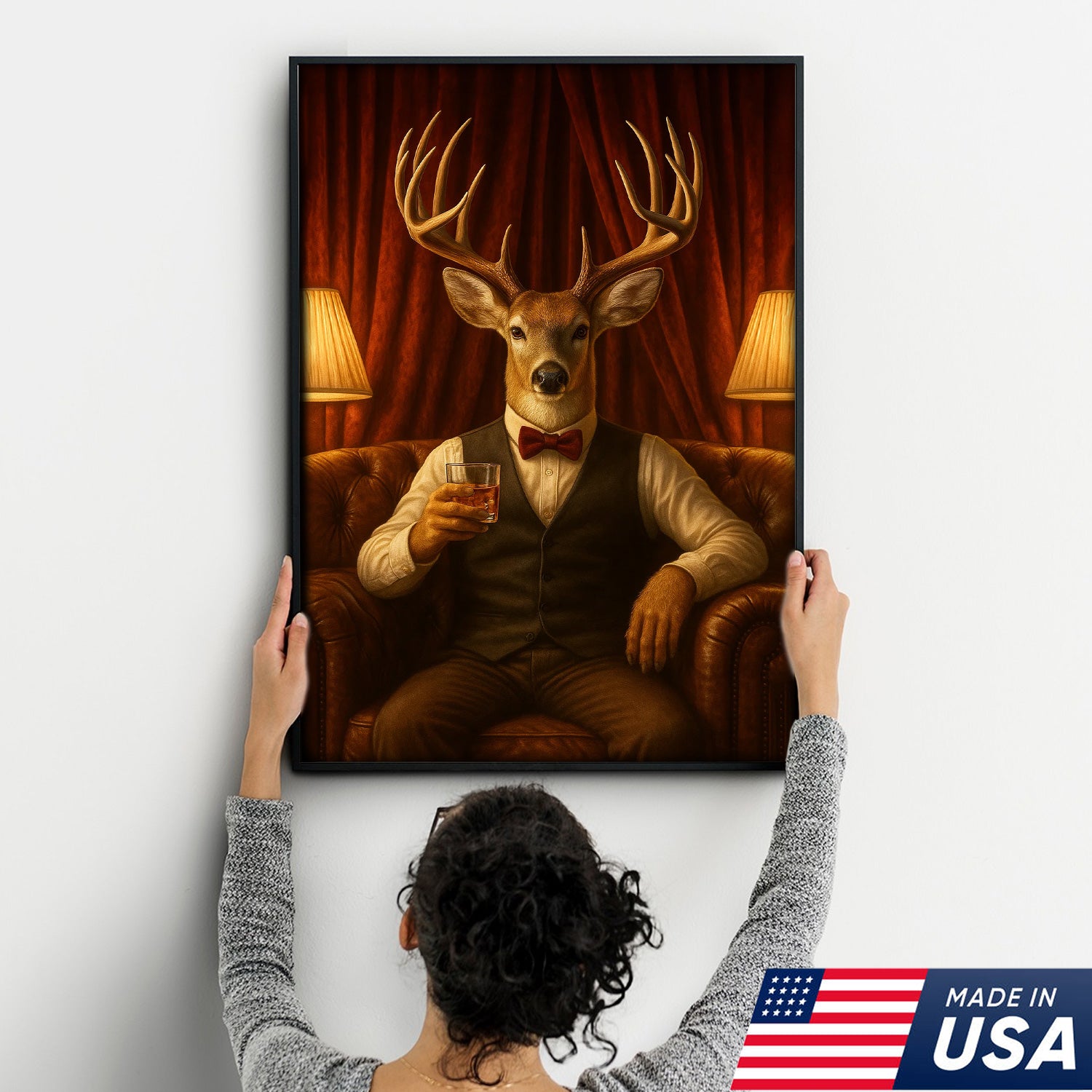 Gentleman Deer Canvas Wall Art – Rustic Hunting Lodge Whiskey Decor