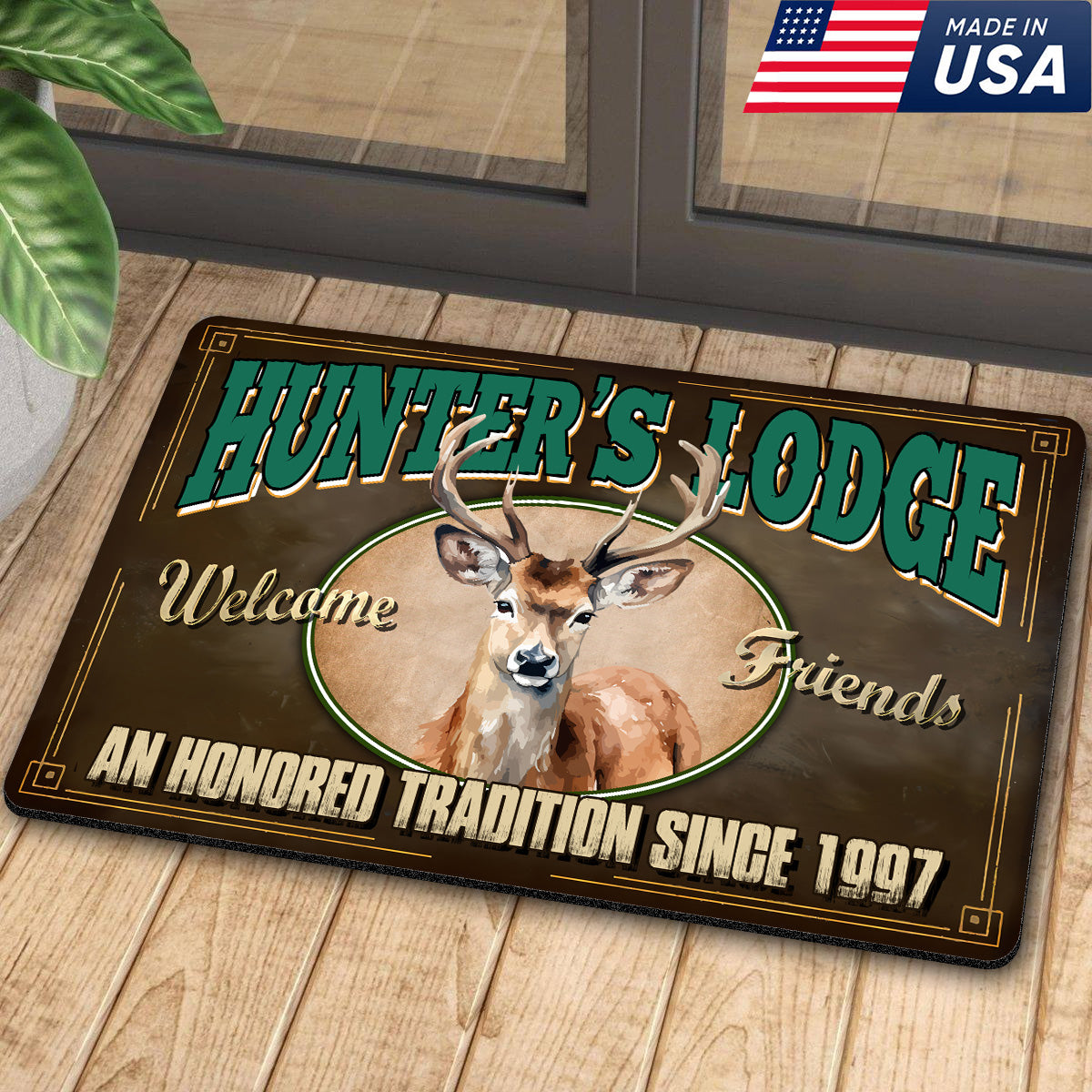 Personalized Hunter’s Lodge Deer Doormat – Custom Year, Rustic Cabin Welcome Mat for Hunters & Outdoor Decor