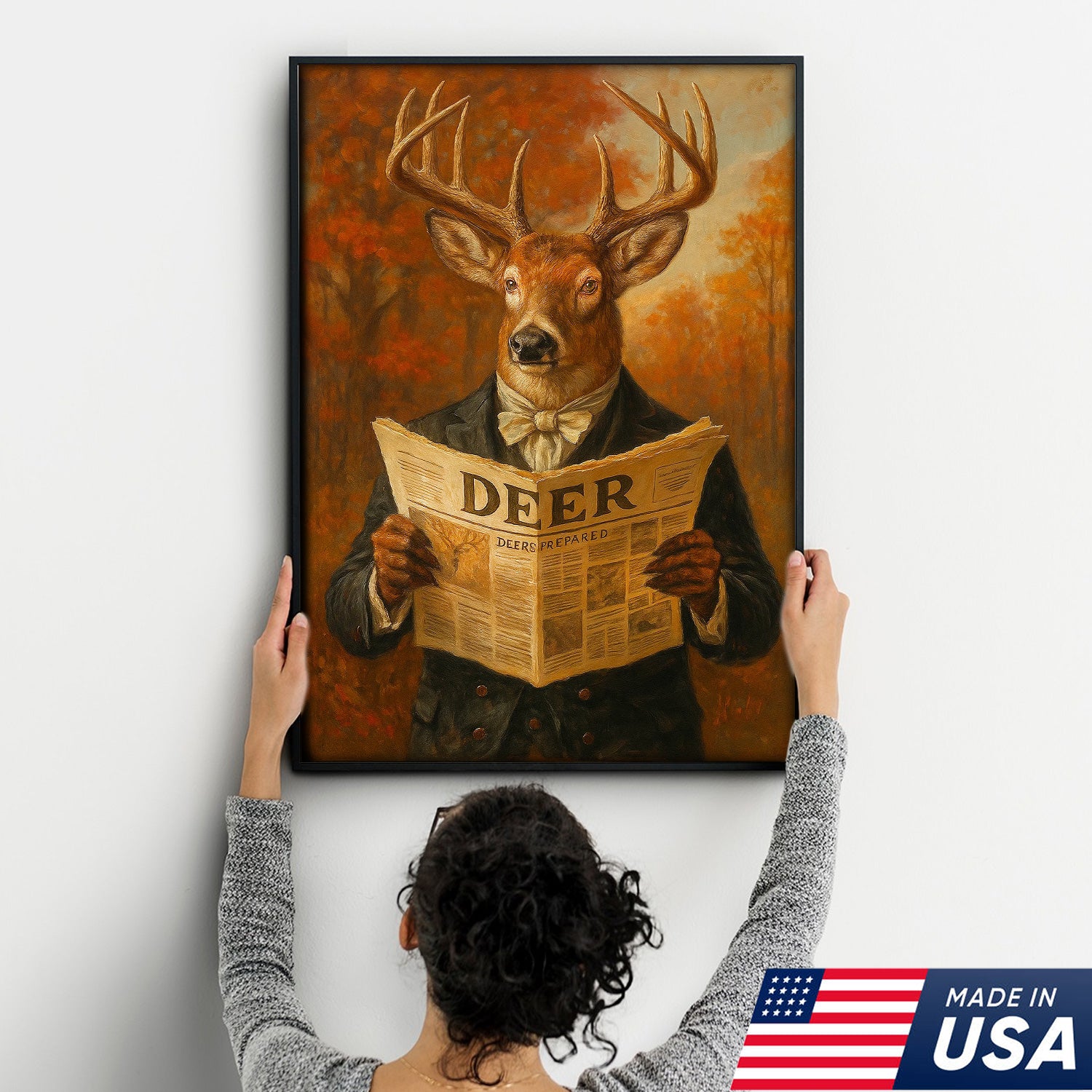 Funny Deer Reading Newspaper Canvas – Rustic Hunting Lodge Wall Art