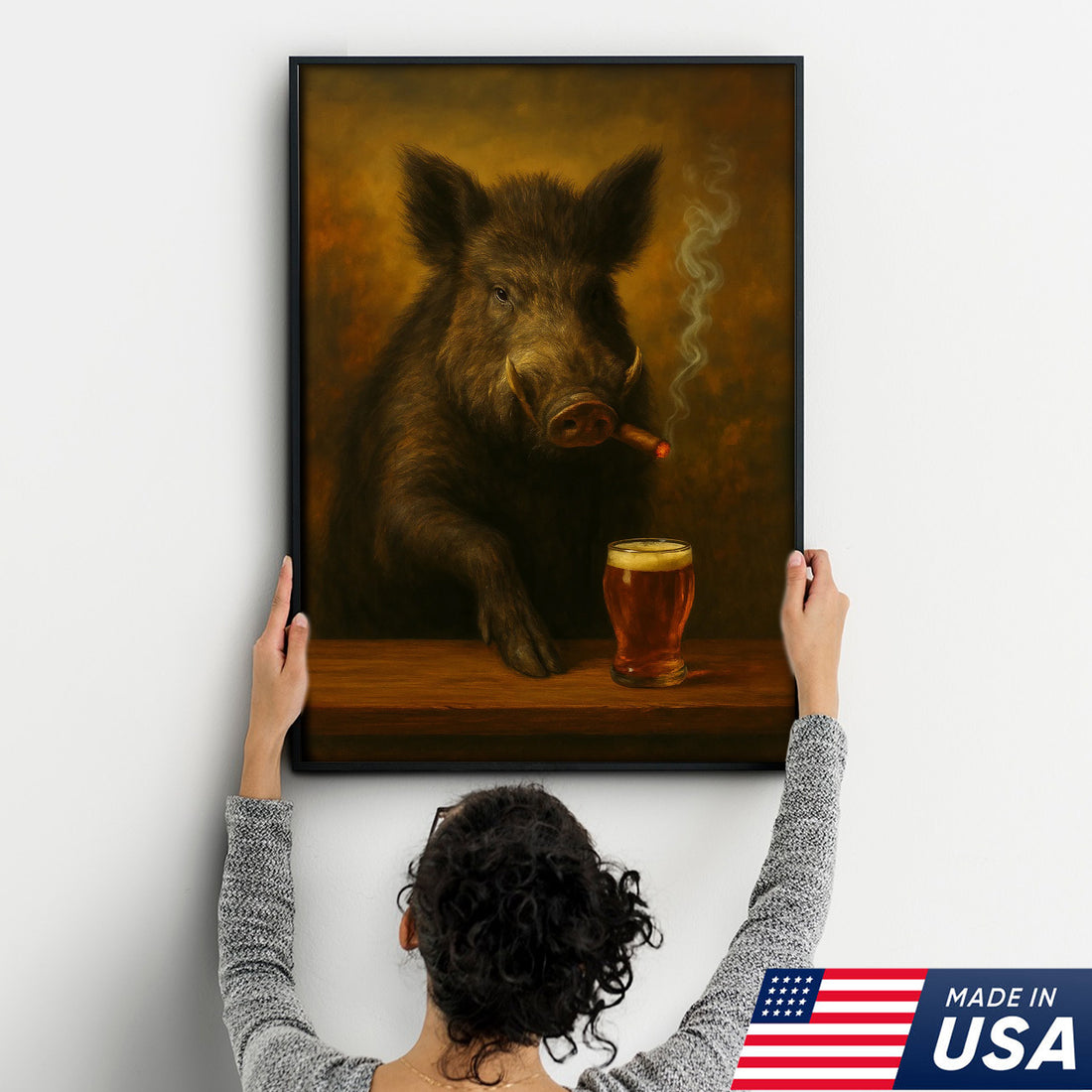 Funny Wild Boar Smoking with Cocktail Glasses Canvas β Rustic Hunting Lodge Wall Art