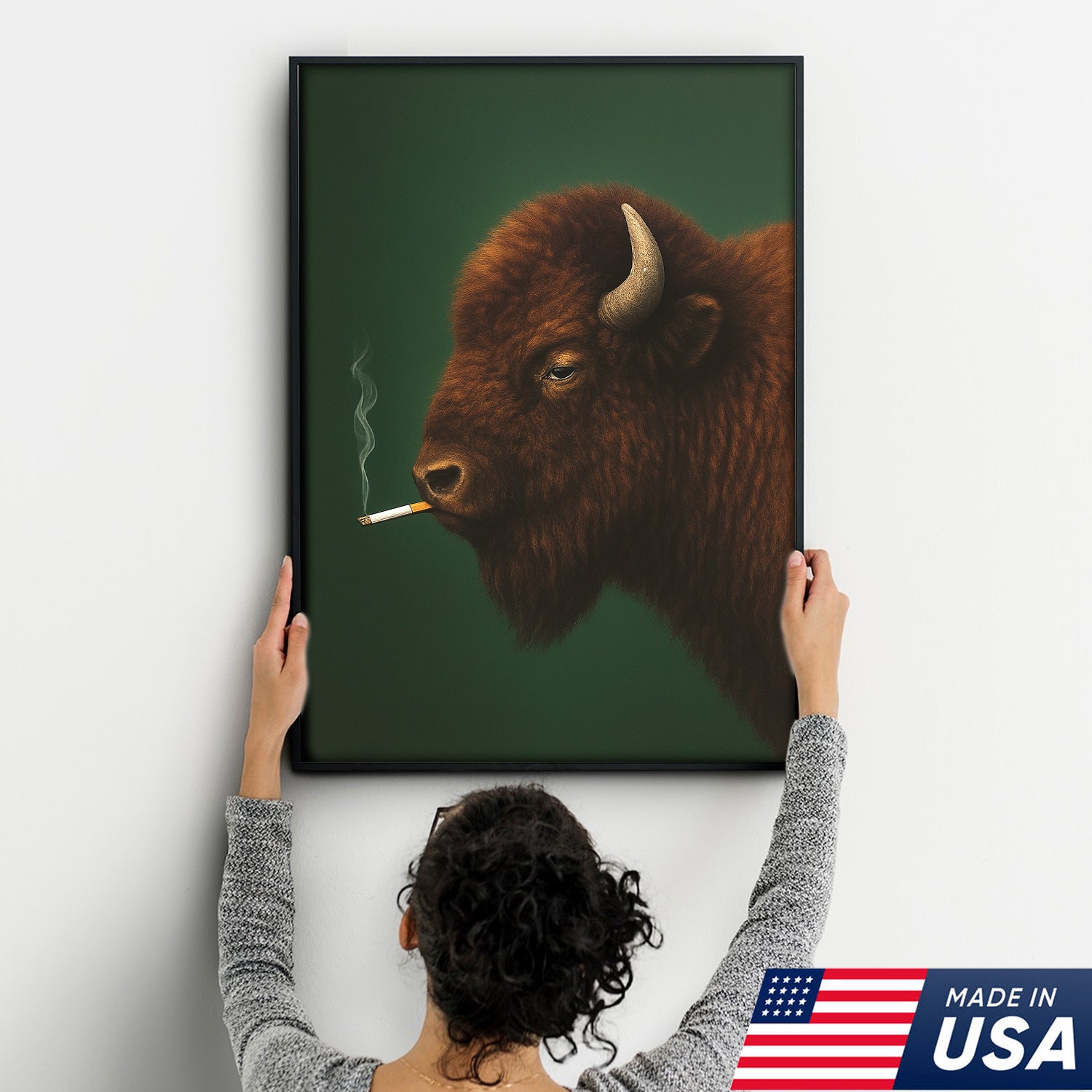 Bison Smoking Canvas Wall Art – Western Rustic Decor for Hunters & Cowboys