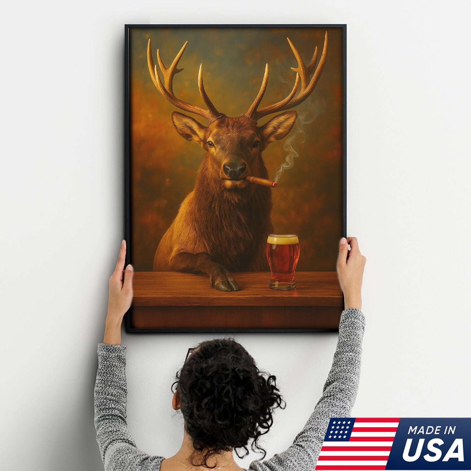 Funny Elk Drinking Cocktail Glasses & Smoking Canvas Wall Art - Rustic Hunting Perfect Gift for Hunters & Cocktail Glasses Lovers